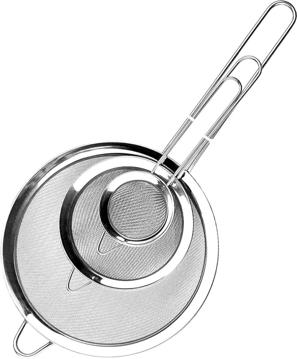 3-delige set roestvrijstalen filters, 7/12/20 cm, metalen keukenzif, fijne zeef met handvat, cakefilter, voor poeder, deegwaren, groenten, quinoa, noedels, rijst, eiwit (zilver)-Stijl 1