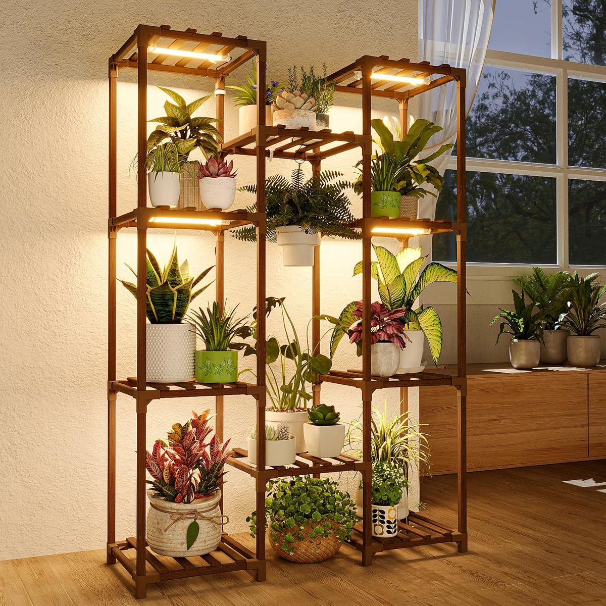 Plantenstand met Kweeklamp Plantenrek voor Meerdere Potten Grote Plantenstandaard voor Woonkamer Patio Boho Woondecor voor Tuinieren Warm Licht