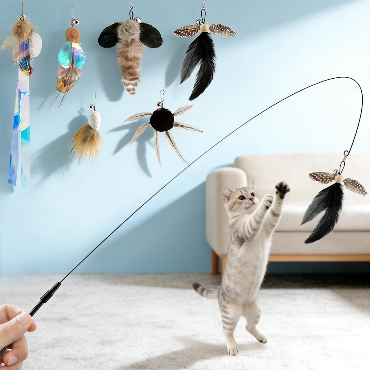 6-in-1 interactief kattenspeelgoed voor binnenkatten, kattentoverstaf speelgoed met kreukelpapiervullingen, veer, 33,5 inch kattenspeelgoed teaser toverstaf voor verveelde volwassen katten en