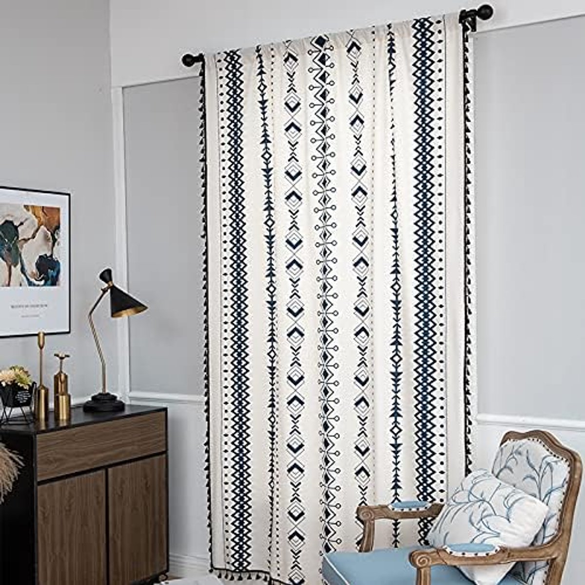 Linnen topik gordijn stangdoorgang gordijnsjaals keuken slaapkamer zwarte geometrische print burtains voor zonlicht filteren en inkijkbescherming gordijnen, 1 stuk (intenblauwe kleur, 150 x 180 cm)