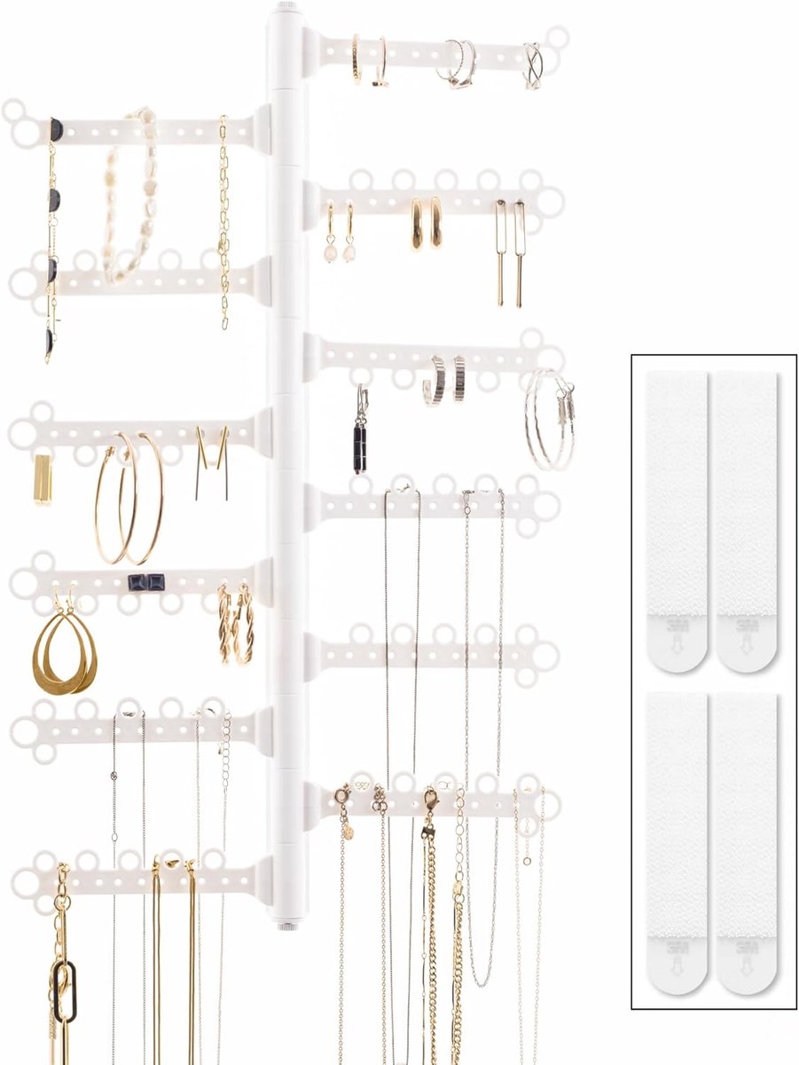 Hung Up 12-Tier hangende sieraden organizer: 120-gaats roterende tak oorbel muur organizer: ketting houder: armband ring opslag: hoog 17 inch : Command Strips inbegrepen (wit)