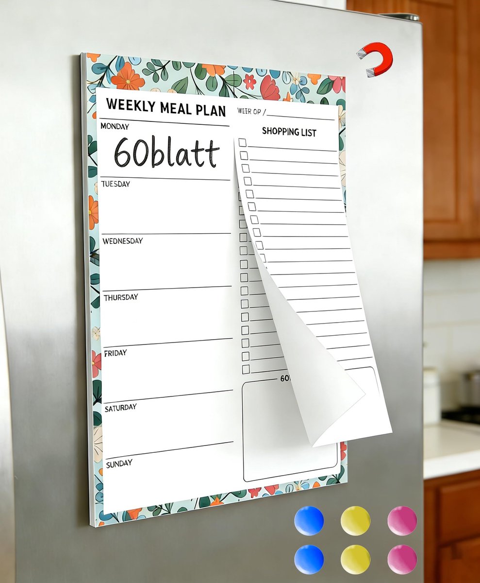 voedselplanner met 6 magneten: afneembare boodschappenlijst, magnetische koelkast en eetplanner, weekplanner, menuplanner voor familie, vrienden, dieet, B5-blok