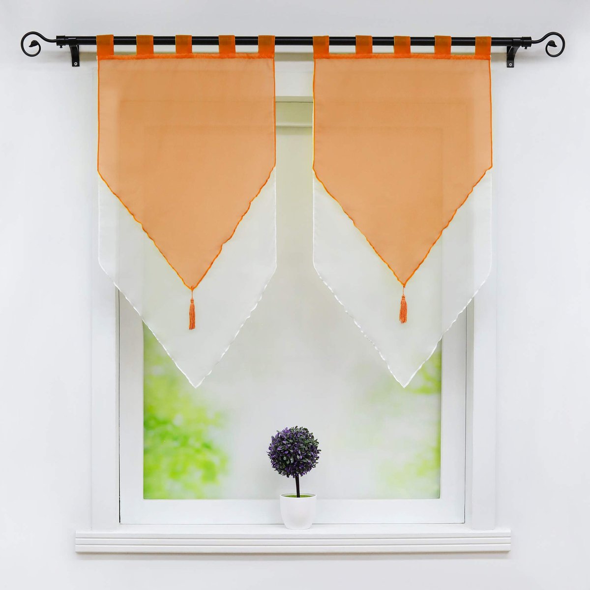 Vitrage, voile bistrogordijnen met kwastjes, tweekleurig, »Lydia« dubbellaags kort gordijn met lussen, b x h 60 x 120 cm, oranje/wit, 2 stuks