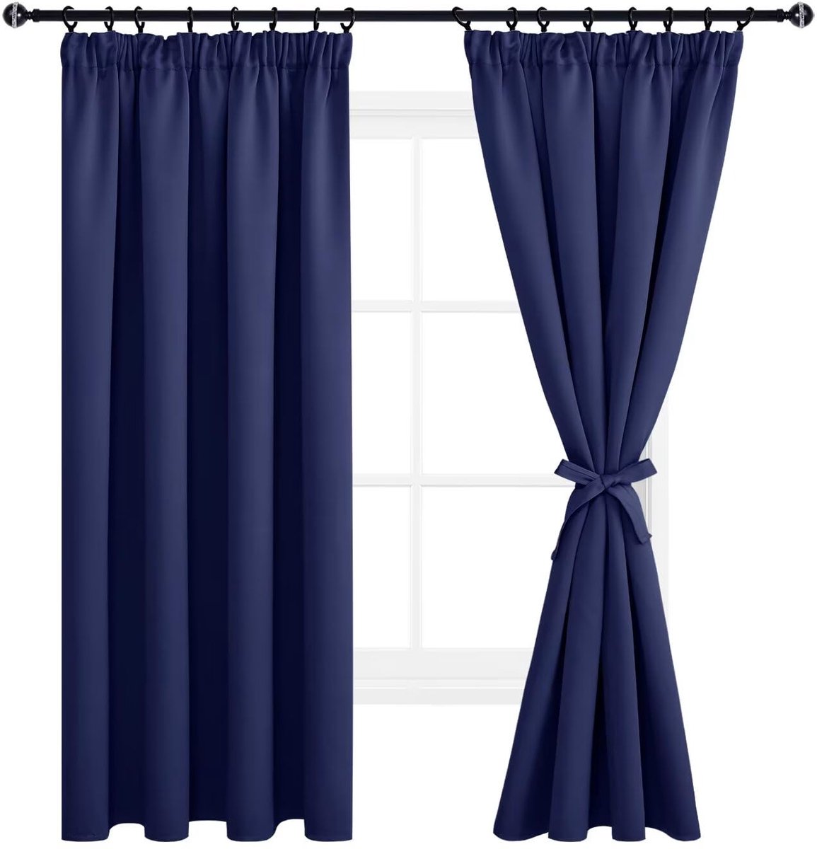 Gordijnen, dikke gordijnen, verduisteringsgordijnen met plooiband met gordijnstropdassen 200 x 140 cm (hoogte x breedte), donkerblauw, set van 2