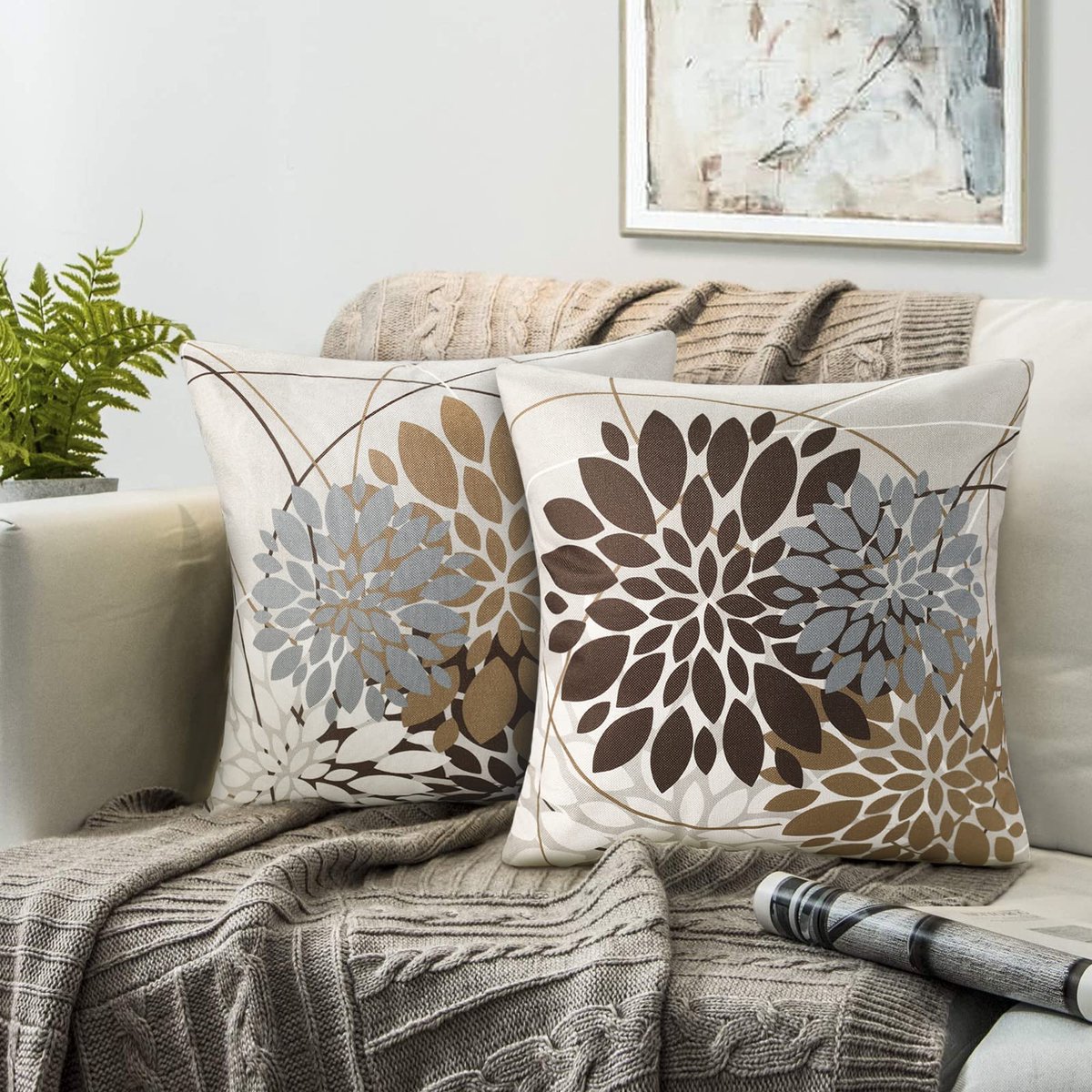 Kussenhoezen, 50 x 50 cm, decoratief bankkussen, geometrisch bloemenpatroon, kussen, moderne abstracte kussensloop, 2 stuks, linnen, kussenhoezen, geschikt voor woonkamer, slaapkamer