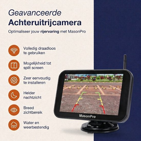 MasonPro Achteruitrijcamera Set - Draadloos - Achteruitrij Camera voor Auto, Bus, Camper, Caravan Vrachtwagen en Landbouw - IP69 Waterdicht - IR Nachtzicht 20 M - 7 Inch van MasonPro — afbeelding 2