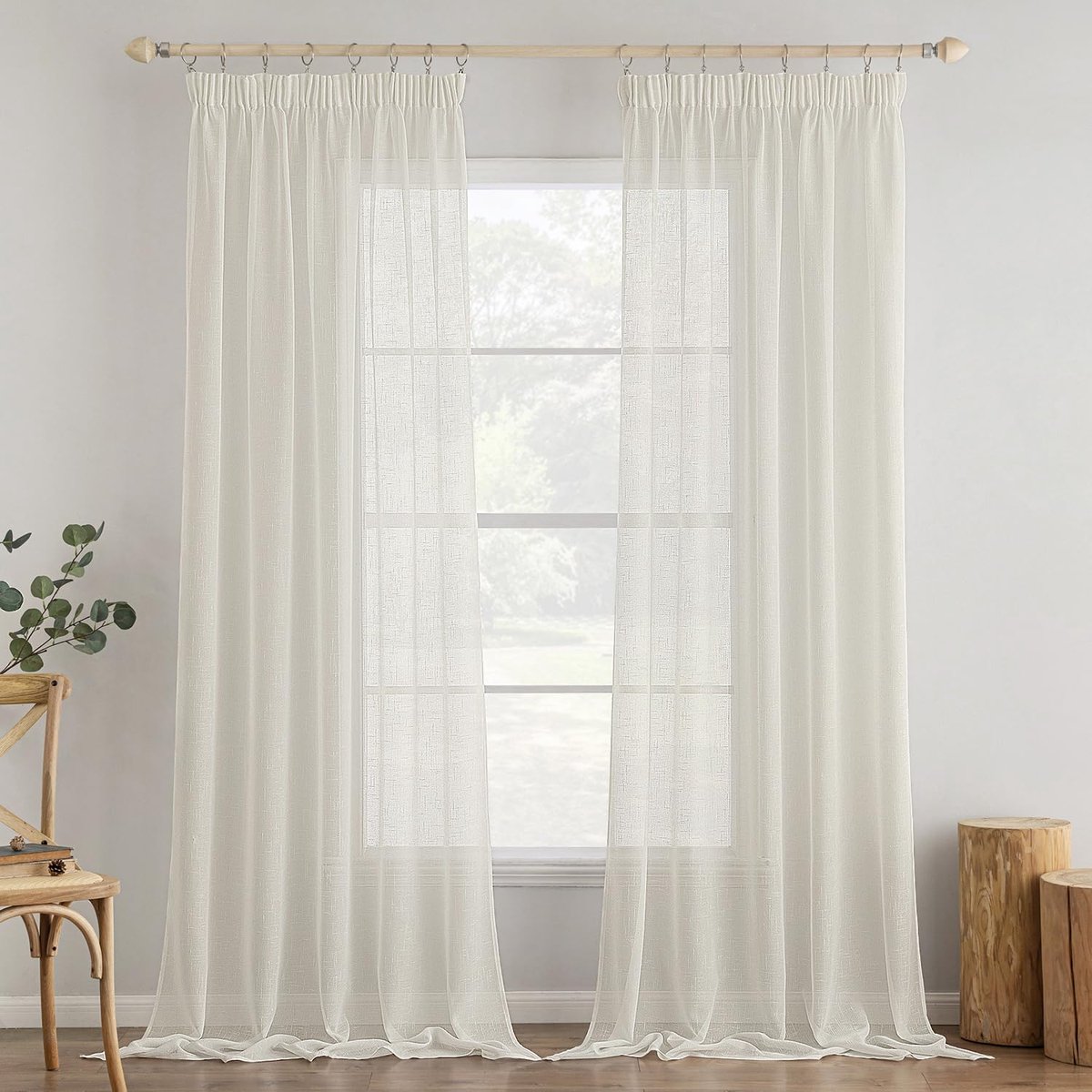 Gordijnen, met plooiband, transparante linnenlook, voor woonkamer, slaapkamer, 140 x 245 cm (b x h), ivoorwit