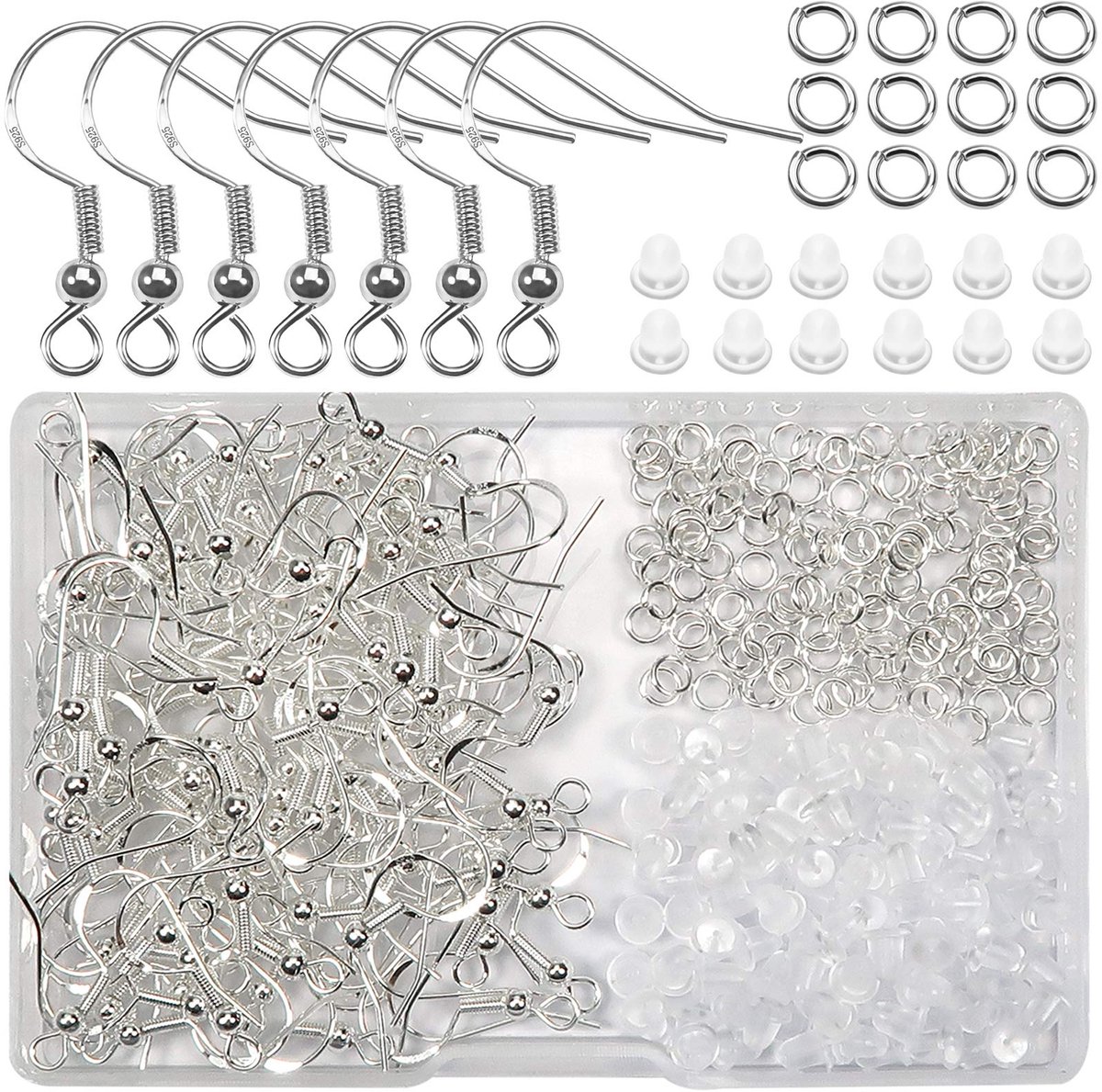 400 stuks Oorbellen Haken 925 Verzilverd 18 mm Zilver Oorhaak en 4 mm Open Springringen en 5x4mm Oorbel Stoppers voor DIY Oorbellen Sieraden Maken