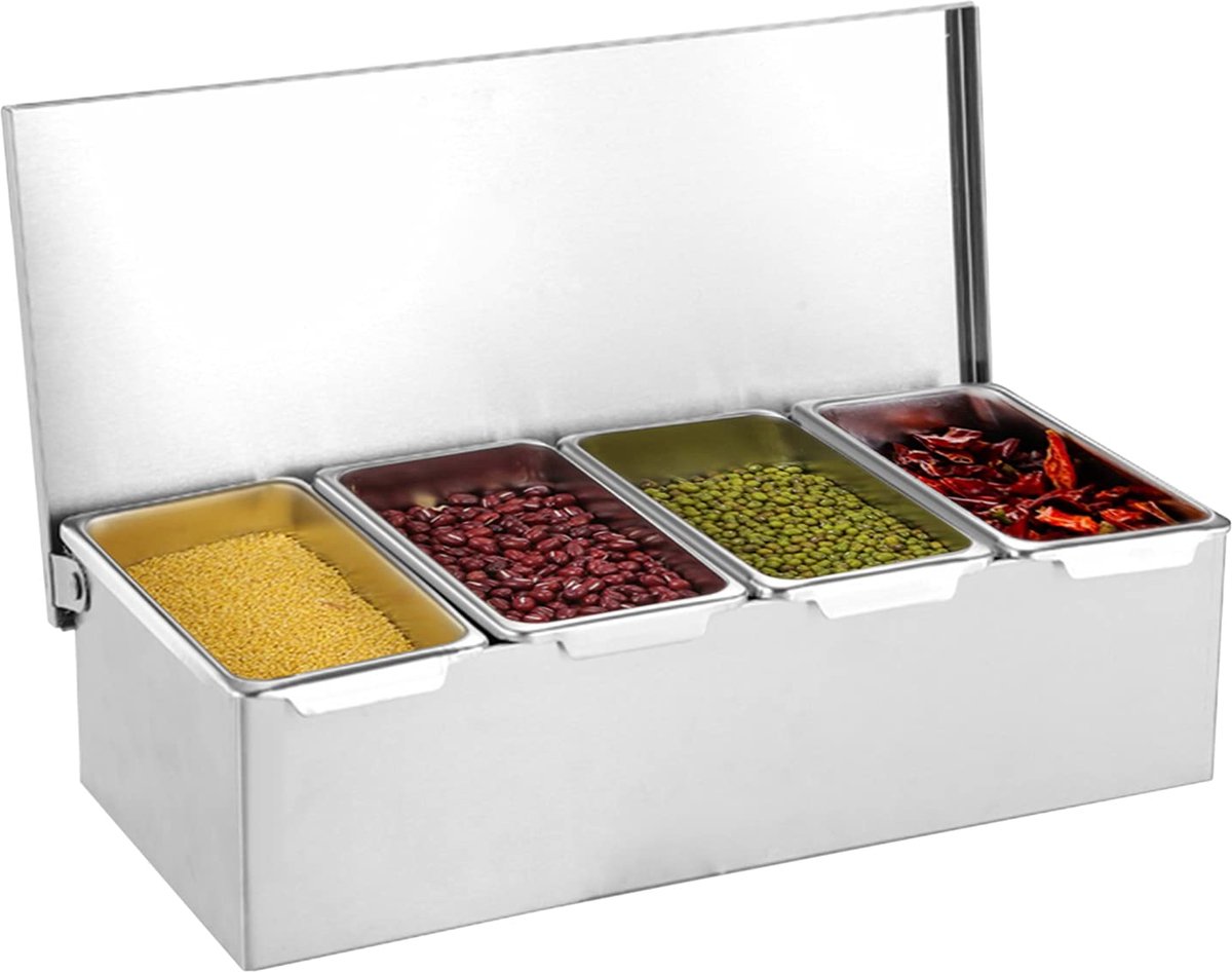 Ingrediëntencontainer roestvrij staal 4 inzetstukken ingrediëntenbox kruidendozen 31x15x8,8 cm