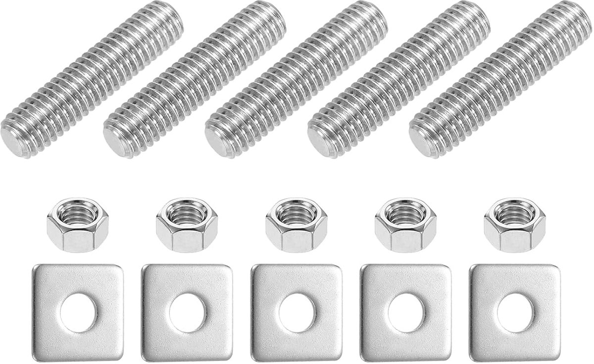 Draadstang volledig 3/8"-16 UNC, 5 stuks 304 roestvrij staal lange schroeven schroefdraad 40 mm/1,6 inch lengte rechtse schroefdraad met vierkante sluitringen voor montage bevestiging van