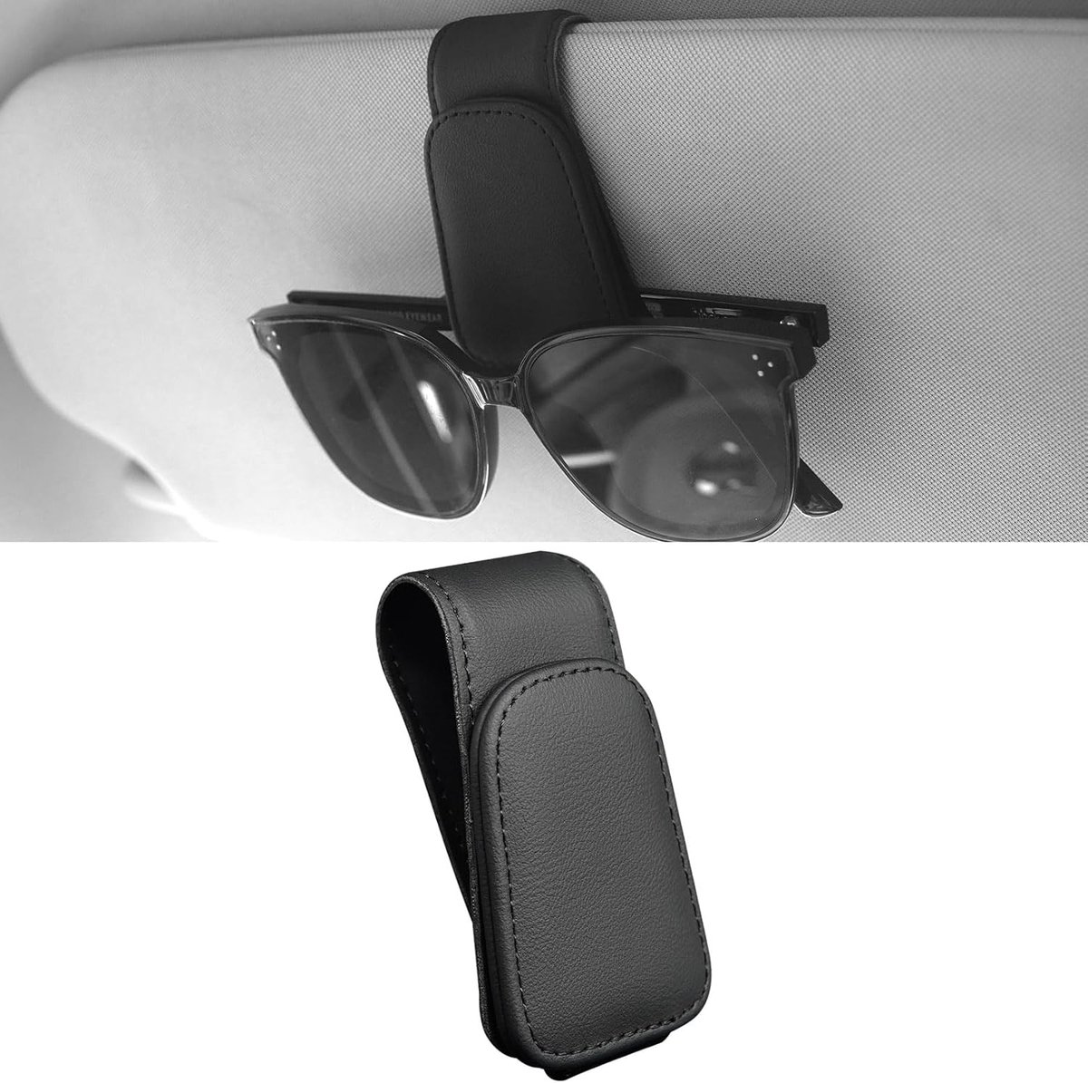 Zonnebrilhouder voor auto, vizier, magnetische leren brillenhouder, vizier, clip, brilbeugel, ticketkaartclip (gewoon zwart)