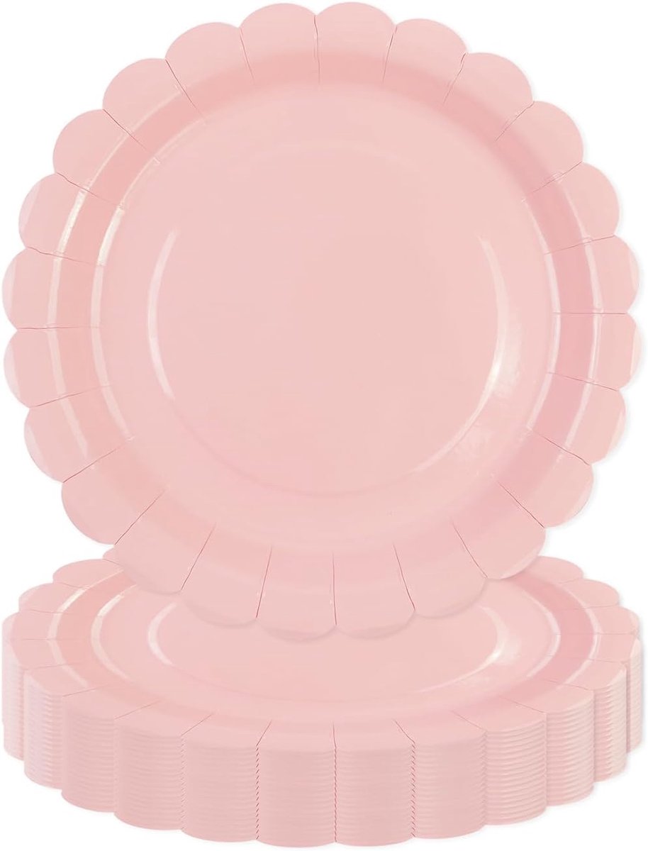 Set van 50 roze papieren borden, 18 cm, geschulpte wegwerpborden, verjaardag, voor cake, desserts, verjaardagen, babyfeestjes, bruiloften, decoraties (roze, 18 cm)