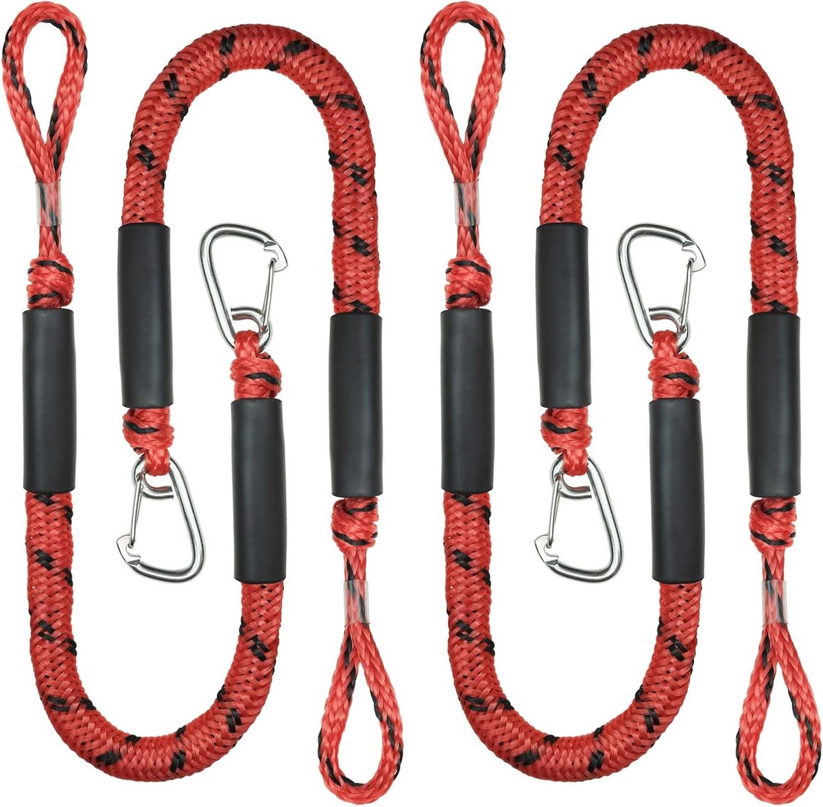 Bungee Boot Aanlijnlijnen - Schokabsorberende Docklijnen - Veilig Aanleggen Boot - Roestvrijstalen Clips - 4 x 3FT - Rood en Zwart