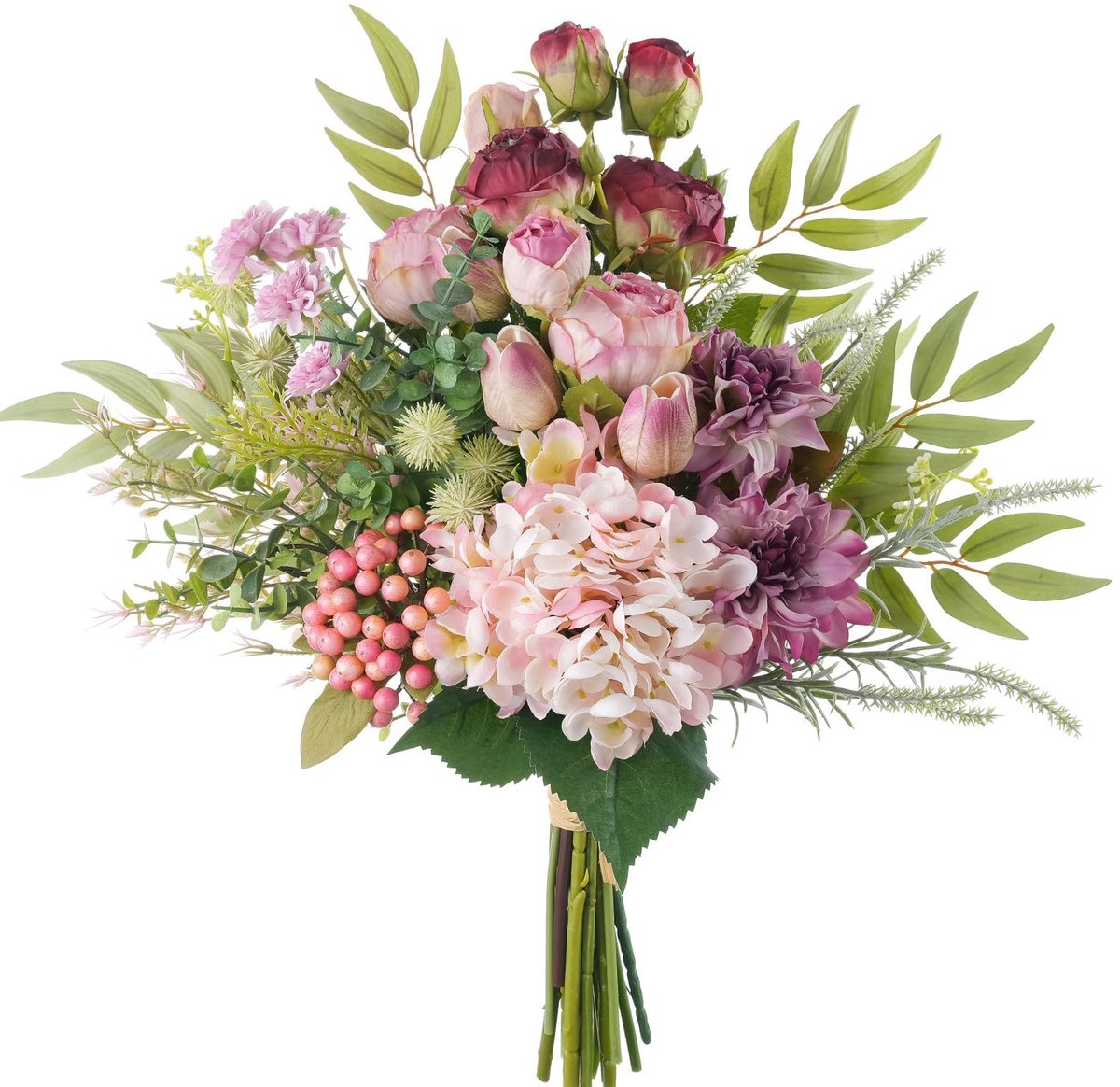 45,7 cm kunstmatige nepbloemen zijden bloemstukken faux boeketten met rozen, tulpen, calliopsis, dahlia's, hortensia's, wijzen, paardebloemen, eucalyptus en bessen kralentak