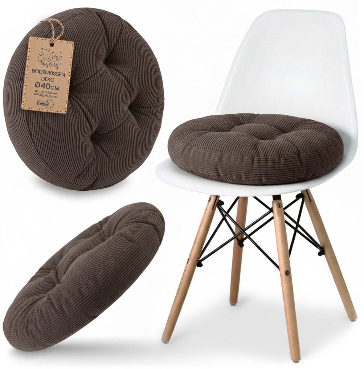 Stoelkussen Ronde Zitting 40 cm - Kussen voor Stoel Binnen Scandinavisch Stijl Comfortabel Zacht Wasbaar Ribfluweel voor Kantoor en Thuis Bruin