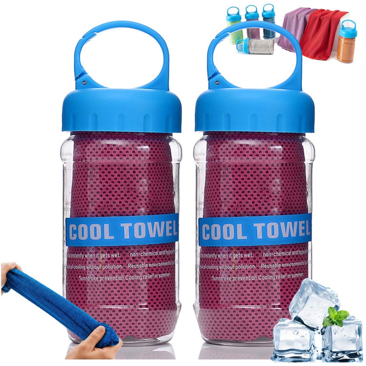 Koeldoek Set - 2 Stuks Met 2 Opbergflessen - 100x30 cm - Voor Sport, Yoga, Wandelen & Hitte - Rood