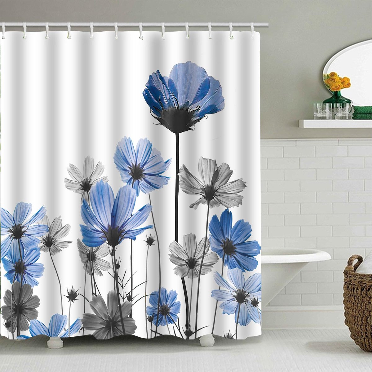 Douchegordijn, 180 x 180 cm, planten, badkamer, textiel, gordijn, schimmelbestendig, wasbaar, blauwe bladeren, polyester, douchegordijn, polyester stof, B9909