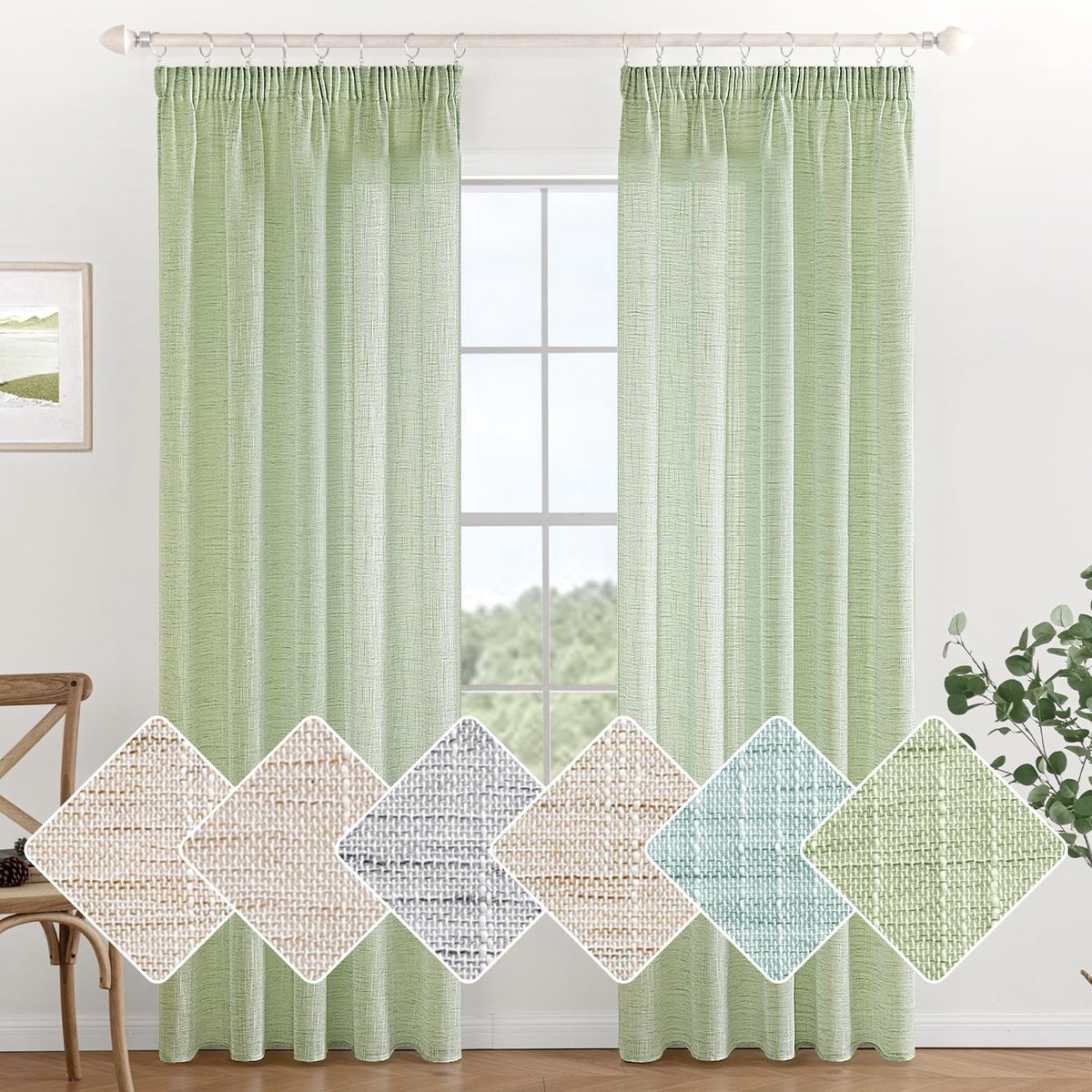 Linnengoed met ruches, Wit, Linnelook, Modern Voile gordijnen, Railsysteem, Slaapkamer, 2-delige set, 140 x 215 cm, Groen