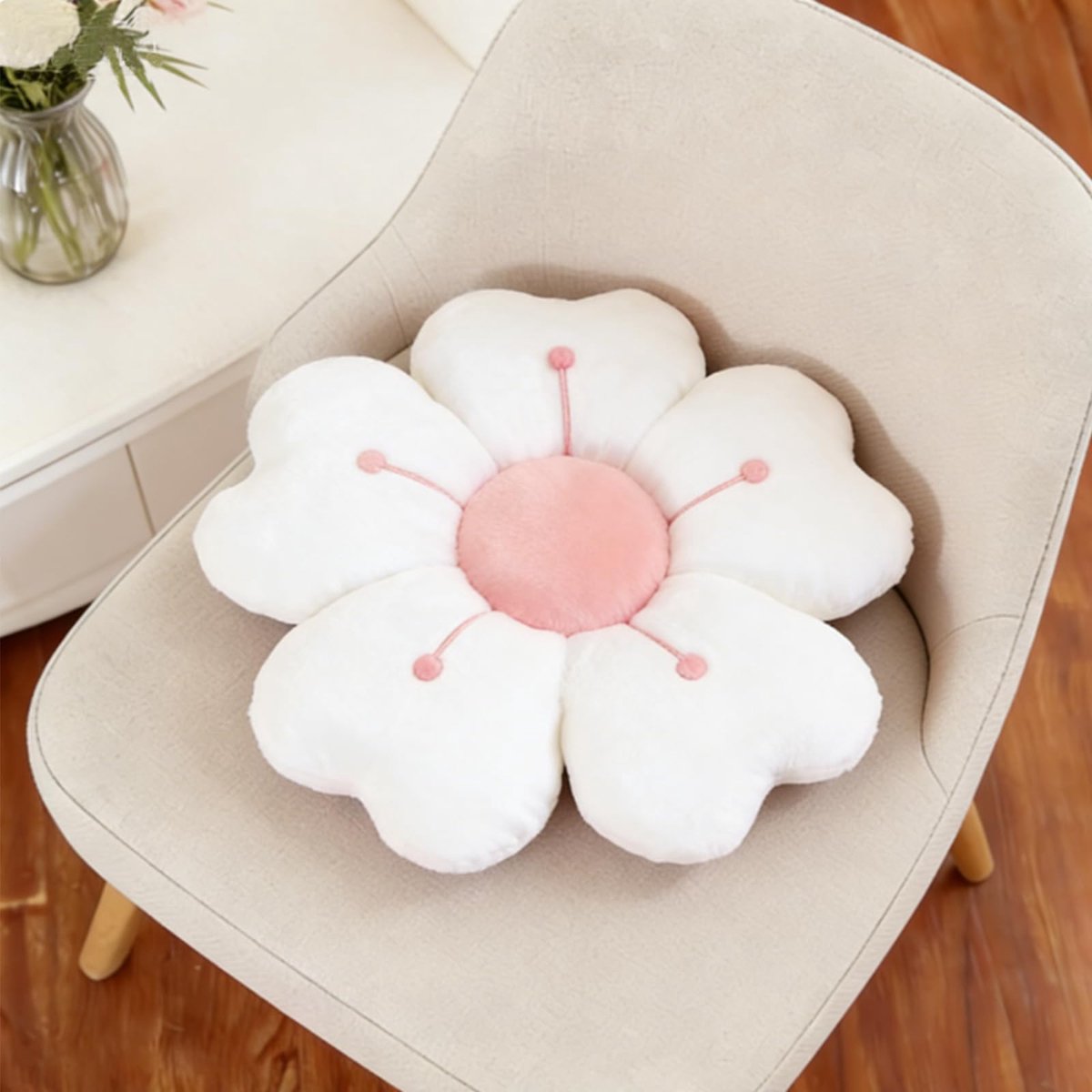 48 cm, wit bloemenvormig zitkussen, multifunctioneel vloerkussen, zitkussen, zacht bloembladkussen, geschikt voor banken, ligbedden en bedden