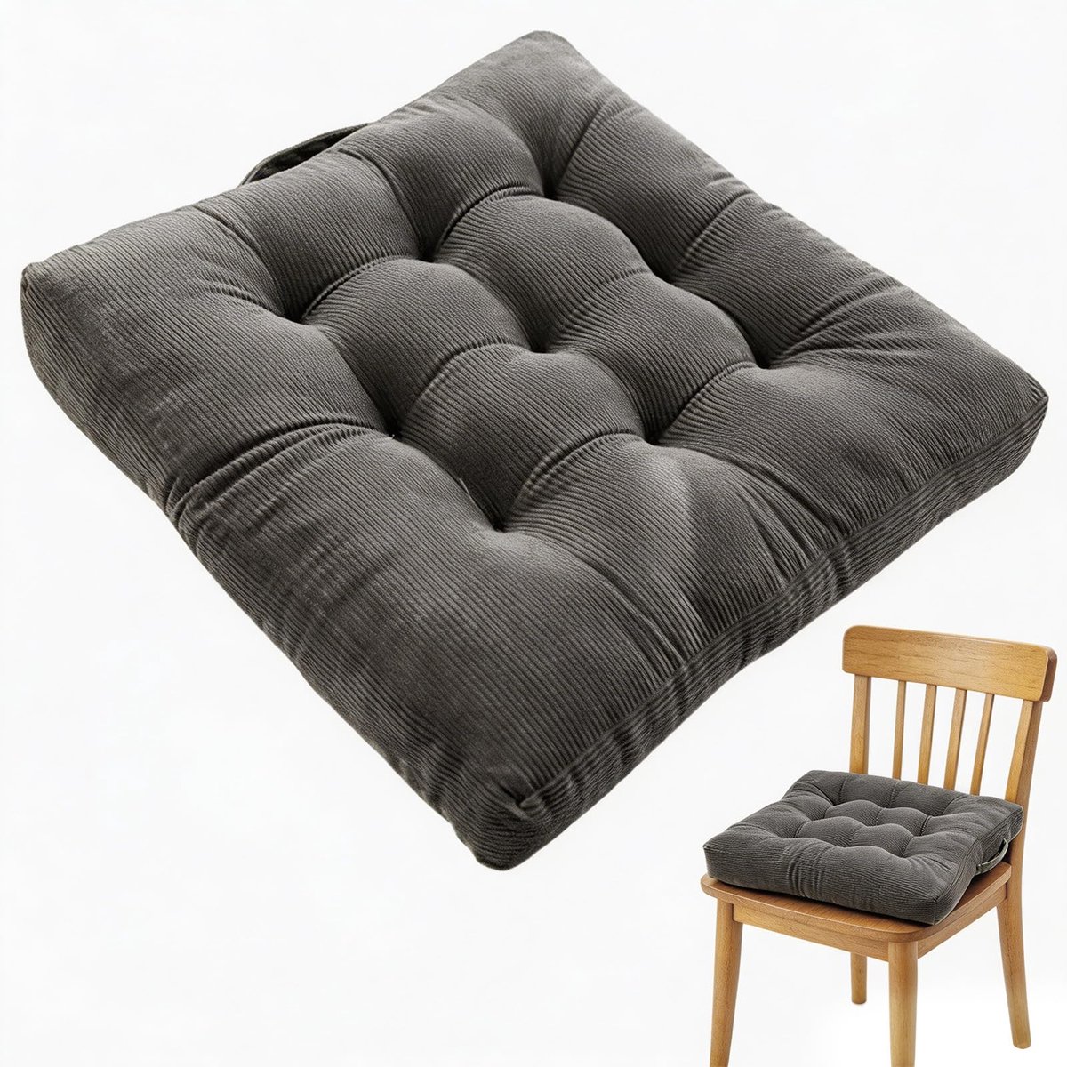 Vloerkussen, zitkussen, 40 x 40 cm, katoenen stoelkussen, voor binnen en buiten, zitkussen, vloer met draaggreep, 10 cm dik, stoelkussen, matraskussen, zitkussens voor woonkamer, eetkamer (grijs)