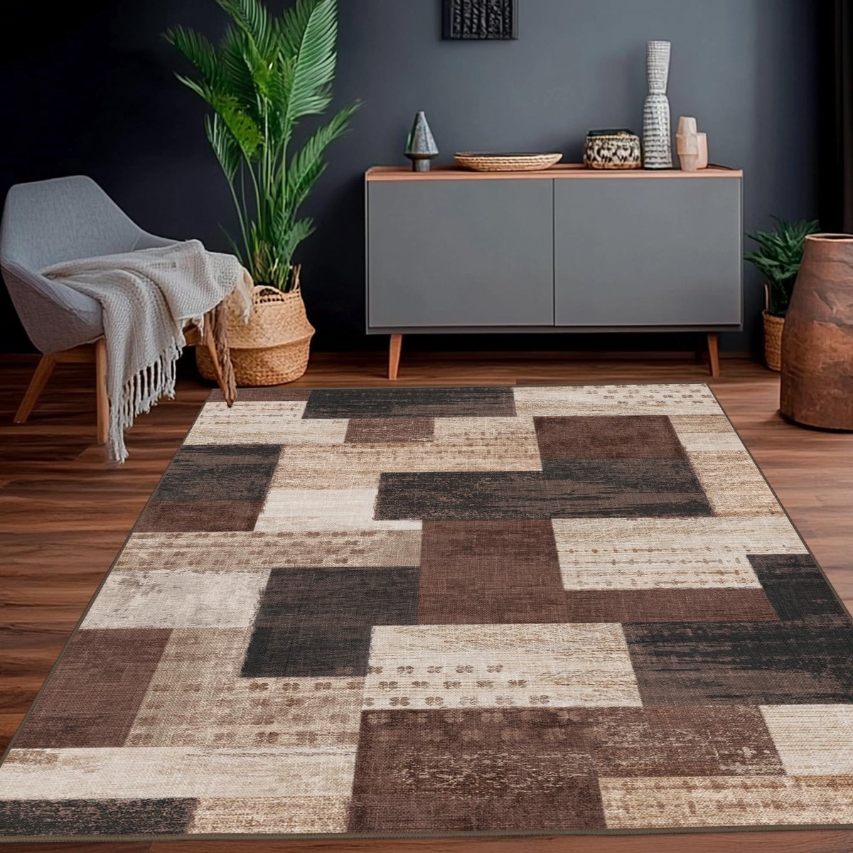 geometrisch patchwork, indoor woonkamertapijt, chocolade, 200 x 300 cm, grote tapijten, Rockwood, collectie vloerdecoratie voor slaapkamer, bruin, zacht, laagpolig, wasbaar vloerkleed