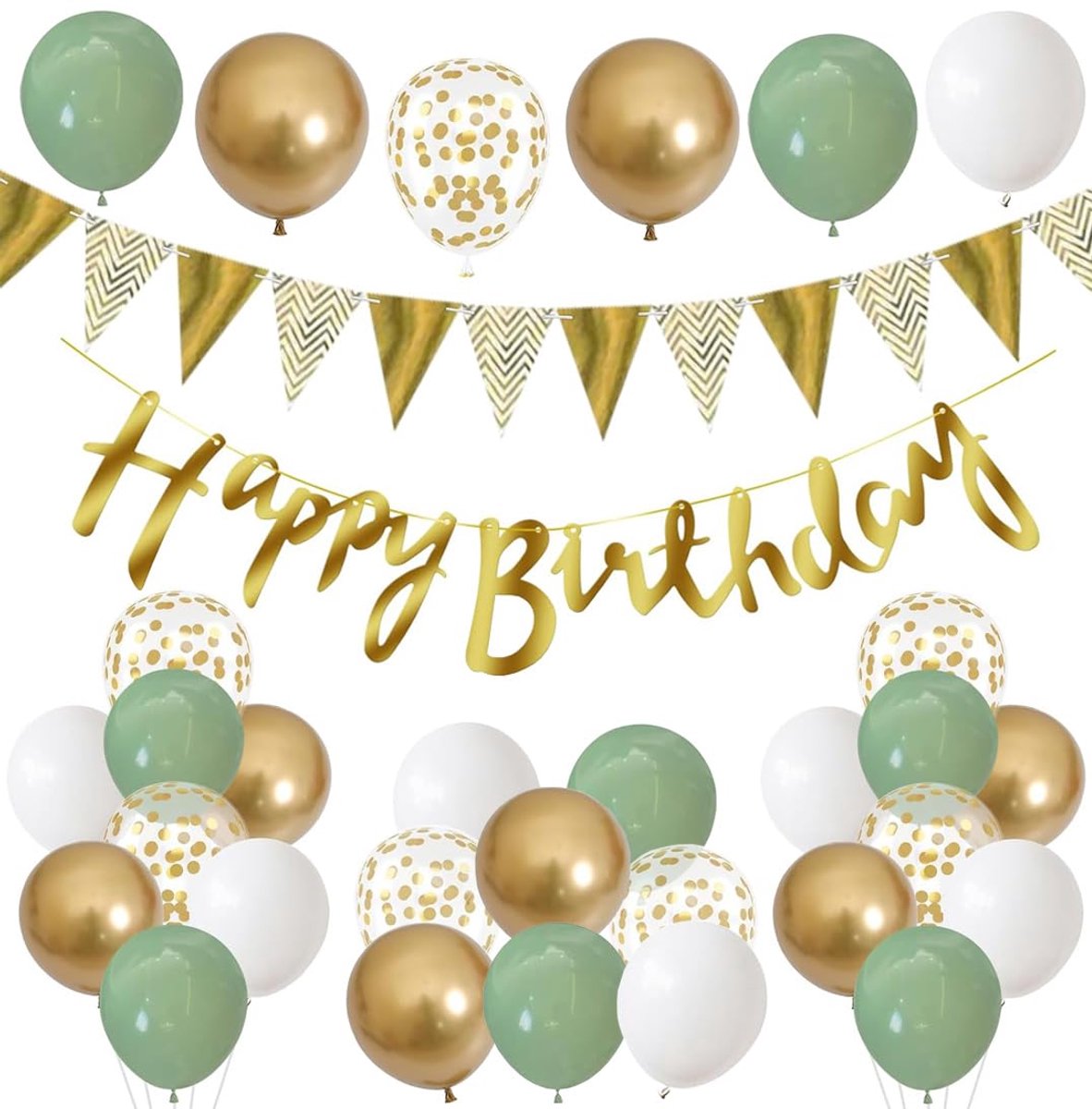 Happy Birthday-slinger, goudgroen, ballonnen, verjaardagsdecoratie, banner, feestset met confettiballonnen