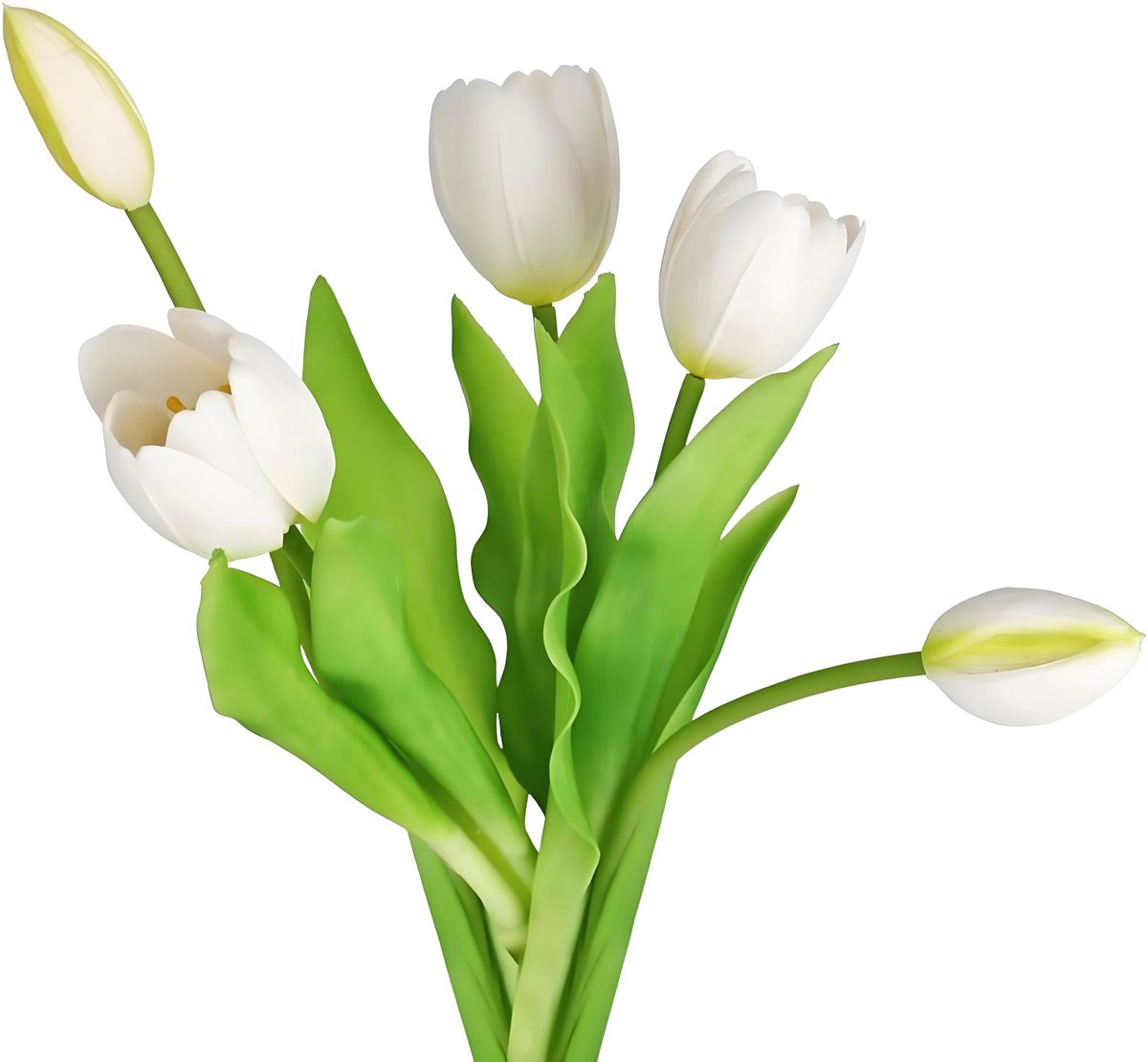 Kunstbloemen, nep met 3 tulpen en 2 tulpknoppen, witte tulpen, bloemenarrangement voor thuis, kamer, kantoor, bruiloft, feest, crème