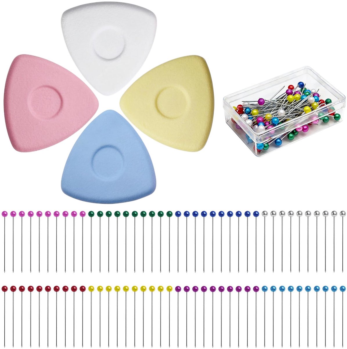 4 kleermakerskrijtjes + 100 spelden met kopjes, naaikrijt, driehoekig krijt, voor het markeren van diverse stoffen en leer, naaimarkeerders