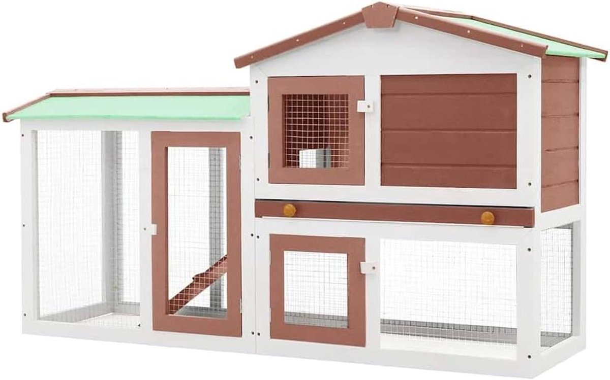 Konijnenhok Buiten - Hok Konijn - Dierenverblijf - Asfalt Dak - 145x45x85 cm - Bruin Wit