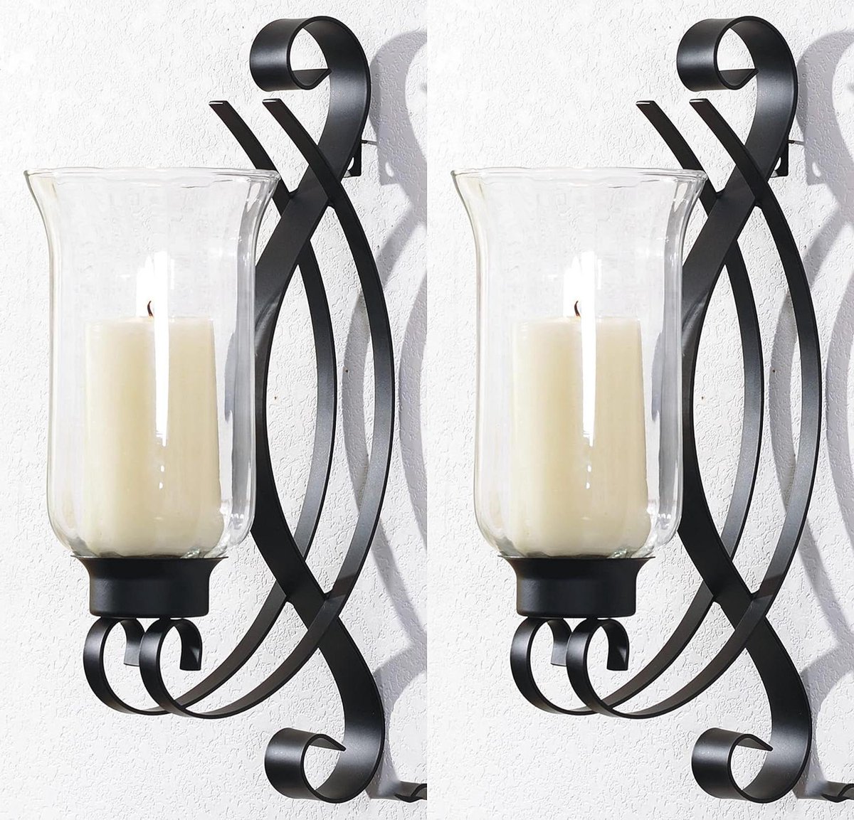 Wandkaarsenhouder Set - Metaal met Glas - Sfeer Creëren - Vintage Design - 18x36x20 cm - Zwart