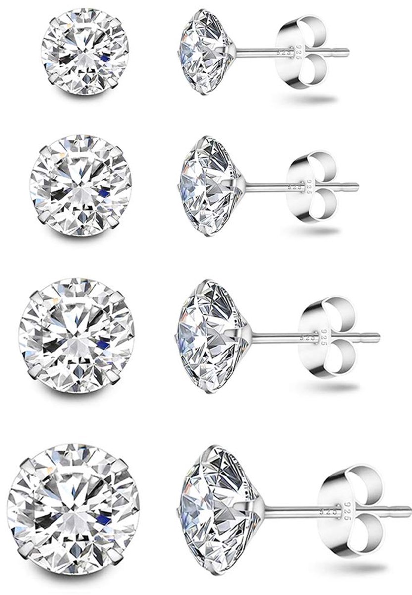 Oorstekers voor dames, 4 paar, 925 sterling zilver, zirkonia, hypoallergeen, uniseks, klein slapen, kraakbeen-oorstekers met 5A zirkonia, 3 kleuren, 3, 4, 5, 6 mm