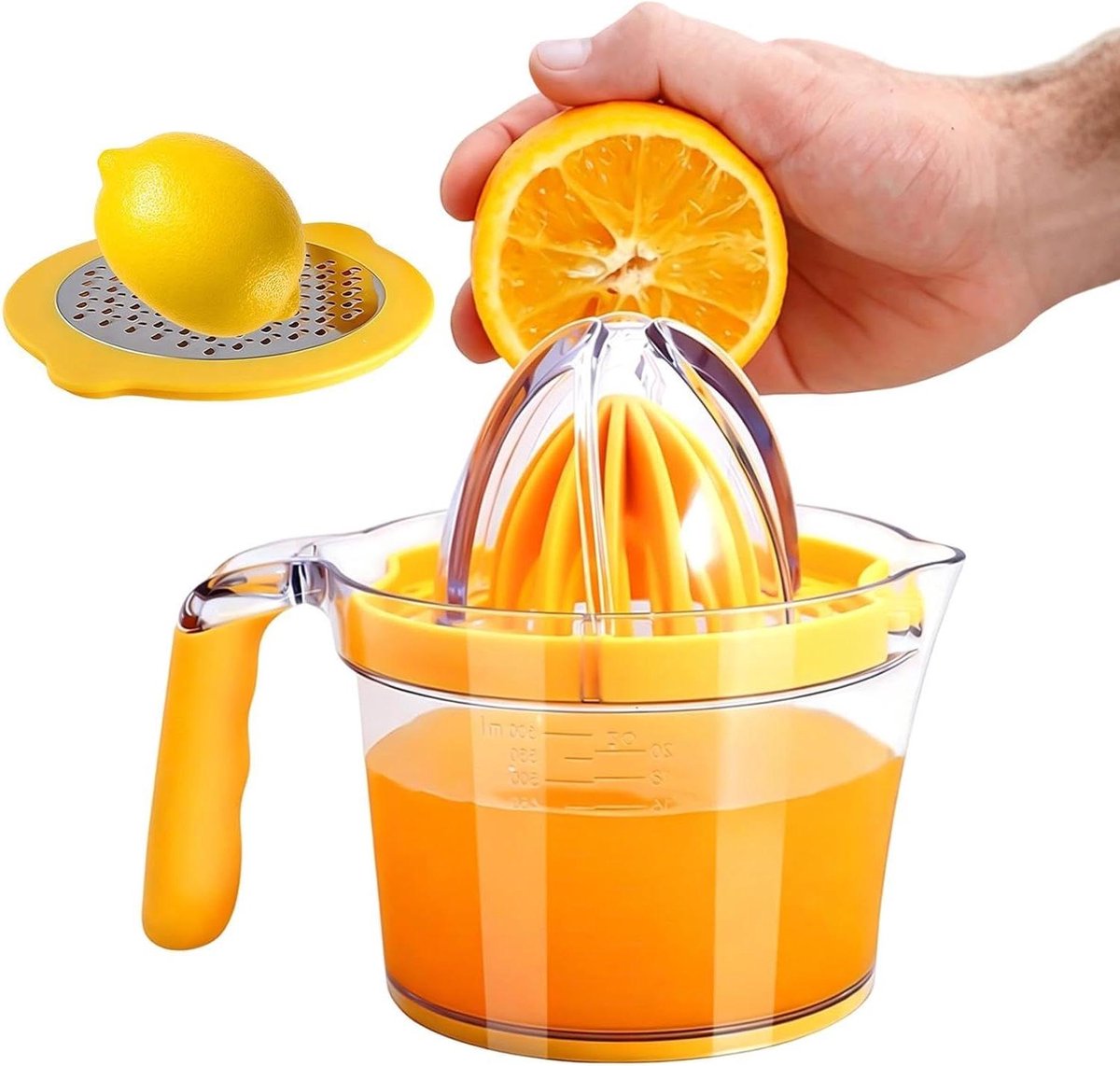 Handmatige Citruspers - Citroenpers Sapcentrifuge - Vers Sap Maken - Verbeterde Stabiliteit - 600 ml beker - Geel