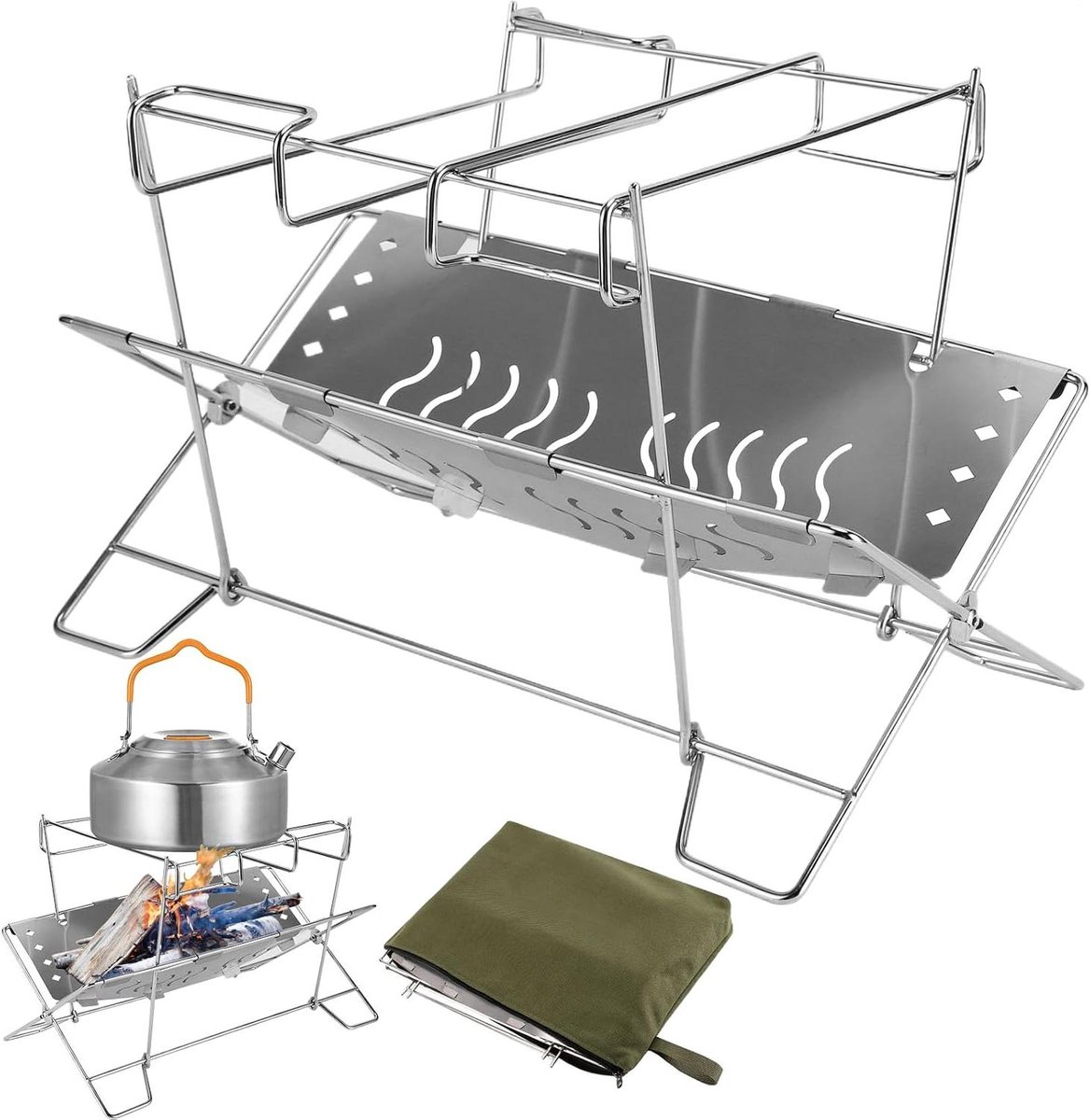 Bonfire Stand - Vuurkorf Houder - Buiten Koken - Opvouwbaar Roestvrij Staal - 30 x 18 x 14 cm - Zilver