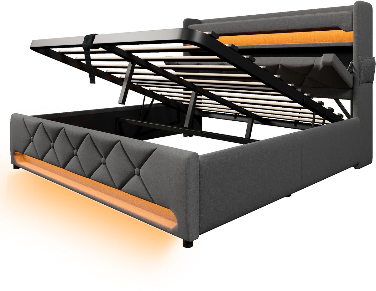 COVREO Bedframe 160x200 cm 166x225x111 grijs stof, LED, opbergruimte, met matras