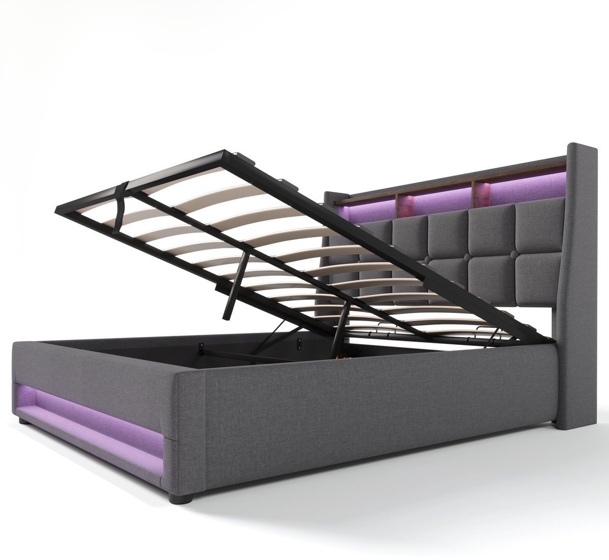 COVREO Bed 180x200 cm grijs, stof met USB, LED en opbergruimte