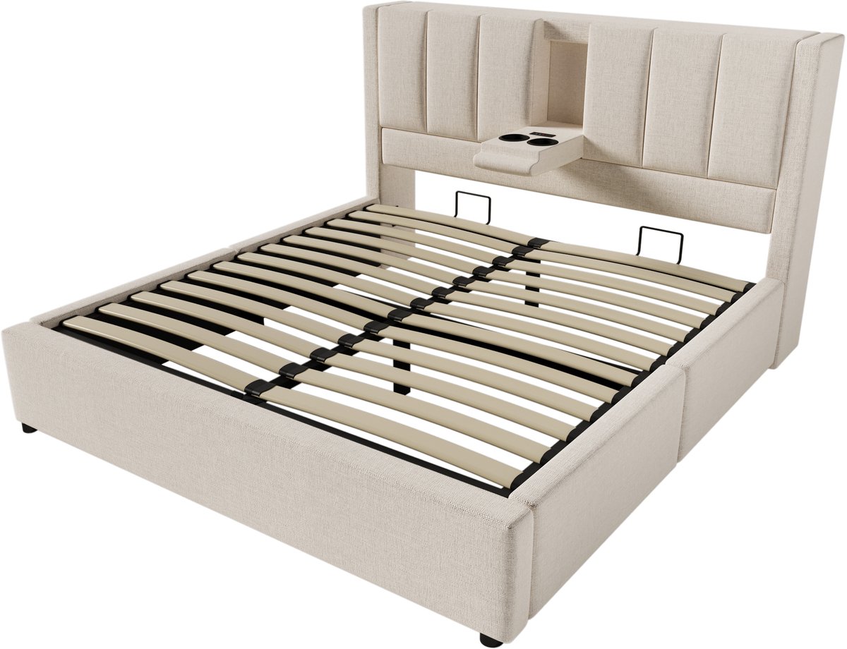 COVREO Bed 160x200 cm beige met USB en opbergruimte zonder matras