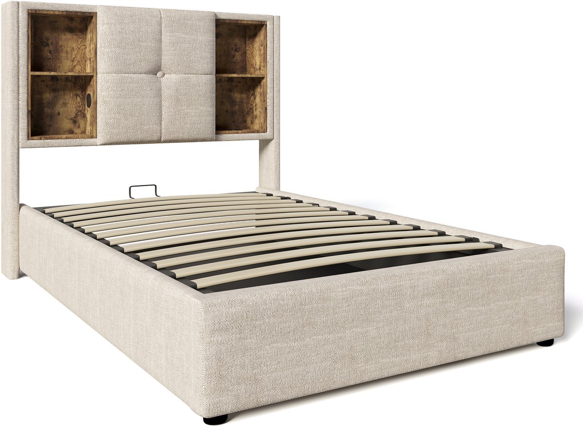 COVREO Eenpersoonsbed met draadloze USB-C-oplaadmogelijkheid, gestoffeerd bedframe van 90x200 cm, inclusief opbergruimte, lattenbodem van hout - naturel linnen (matras niet inbegrepen).