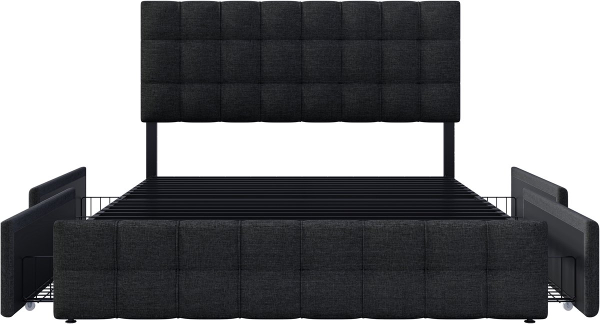 COVREO Bedframe 140x200 cm zwart, stof, met 4 lades, zonder matras
