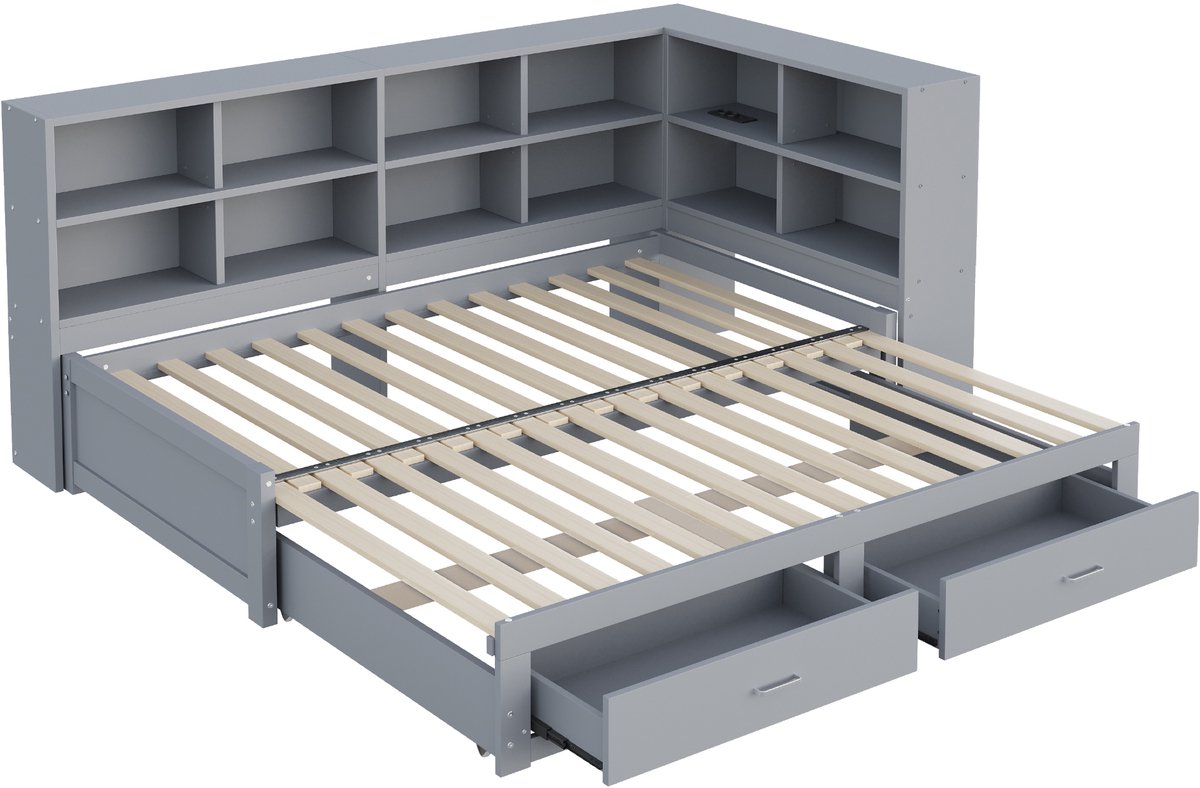COVREO Bed 90/180x190 cm grijs hout met opbergruimte zonder matras