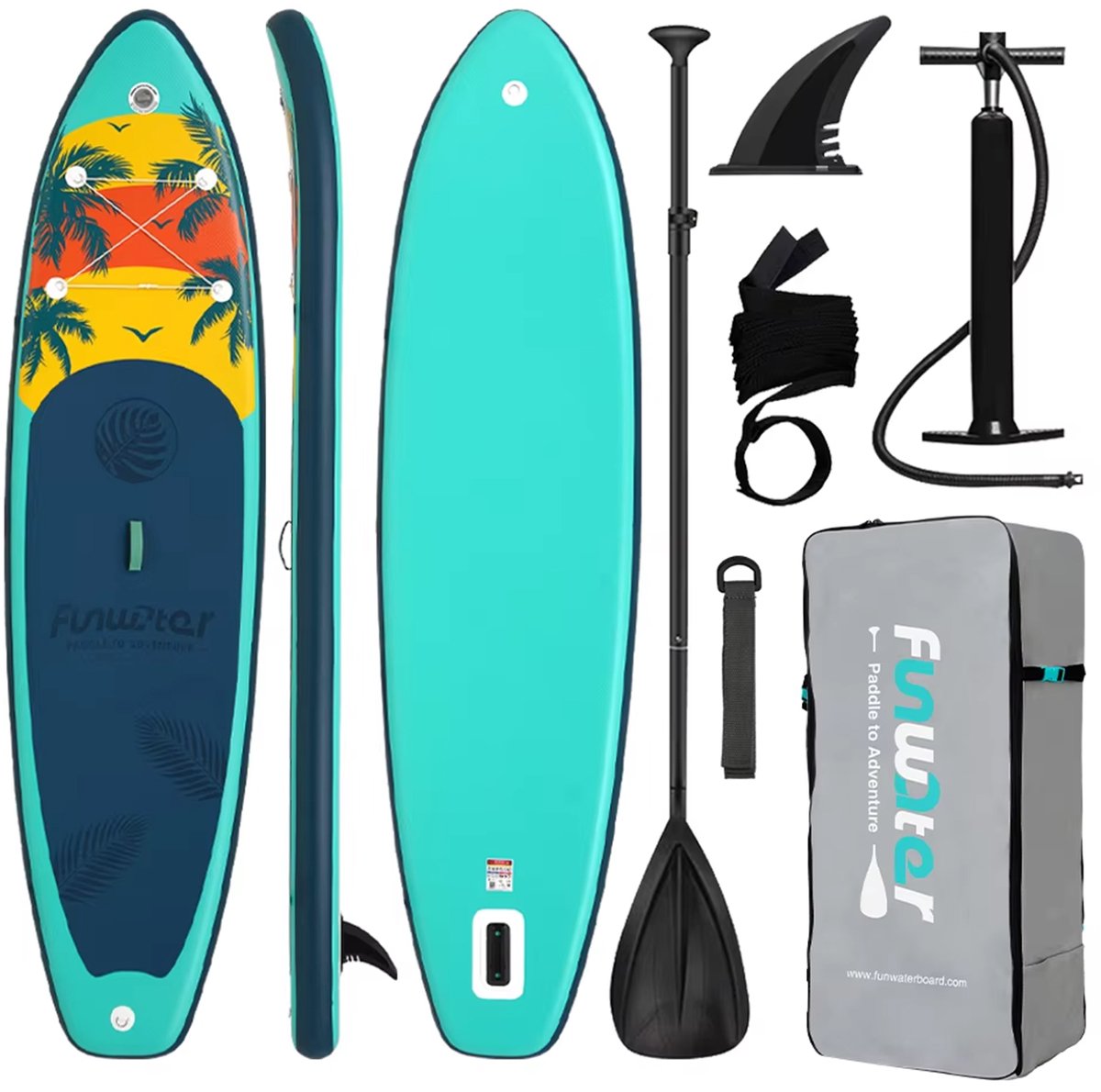 FUNWATER SUPFW55A – Opblaasbare SUP plank zeegroen 335x83x15 cm – stabiel, max 180 kg – compleet met peddel & pomp