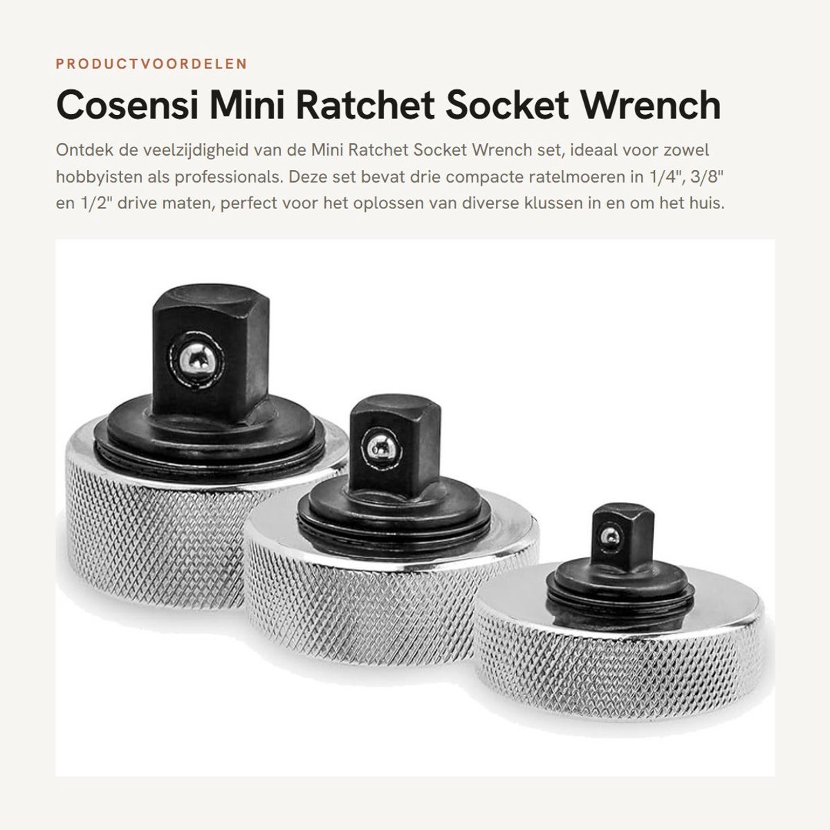 Dailygoods- Ratelsleutelset 3-delig - Mini Ratelsleutels 1/4"/3/8"/1/2" - Schokbestendig - Antislip Handvat - Duurzaam Roestvrij Staal - Ratchet Set