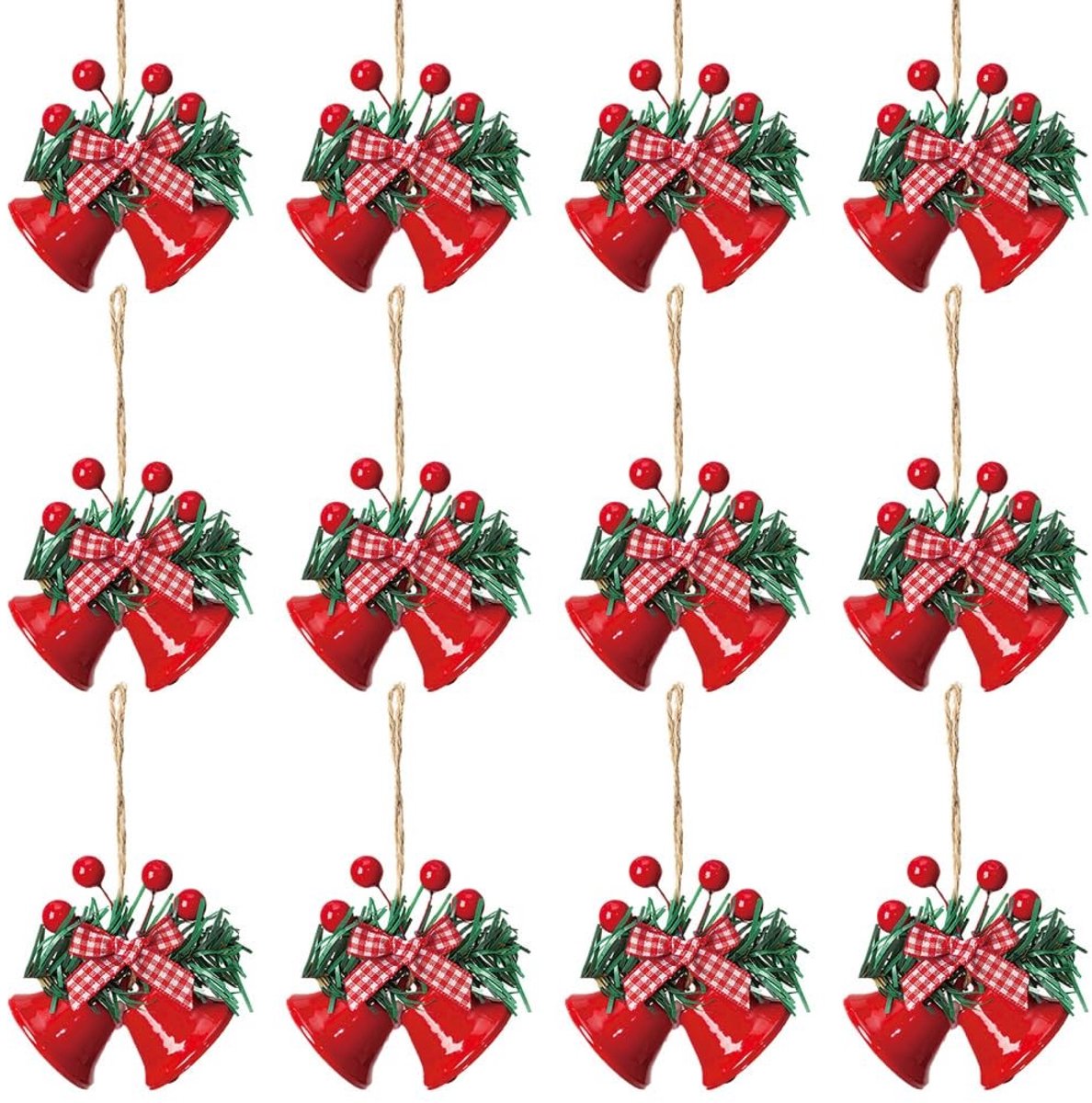 Dailygoods- Kerstklok 12 Stuks - Metalen Jingle Klokken - Ornamenten met Hulstbessen - Hangende Decoratie - DIY Kerstkransen - Stevig Ophangkoord - Kerstdecoratie