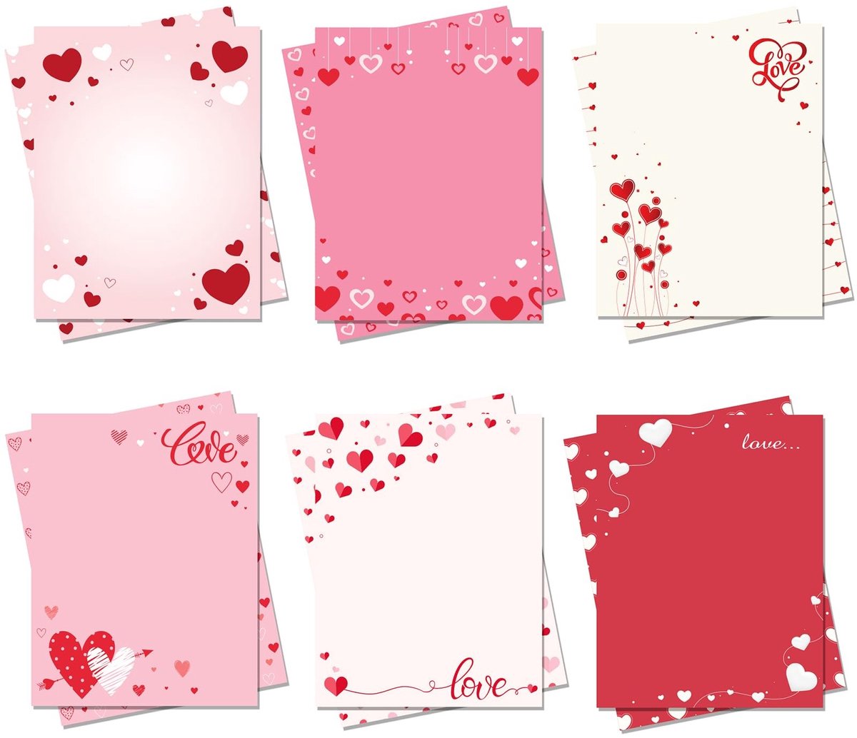 Dailygoods- Briefpapier Valentijnsdag 60 vellen - Roze/Rood Hart Briefpapier - 8,5 x 11 Inch - 6 Stijlen - Hoogwaardig Schrijfpapier - Geschikt voor Notities/Groetuitnodigingen