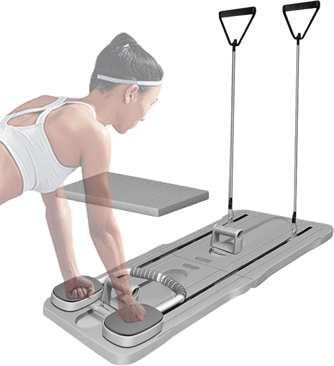 Buikspierroller Set - Core Trainer - Kracht Training - Automatische Terugslag - 105x40cm - Grijs