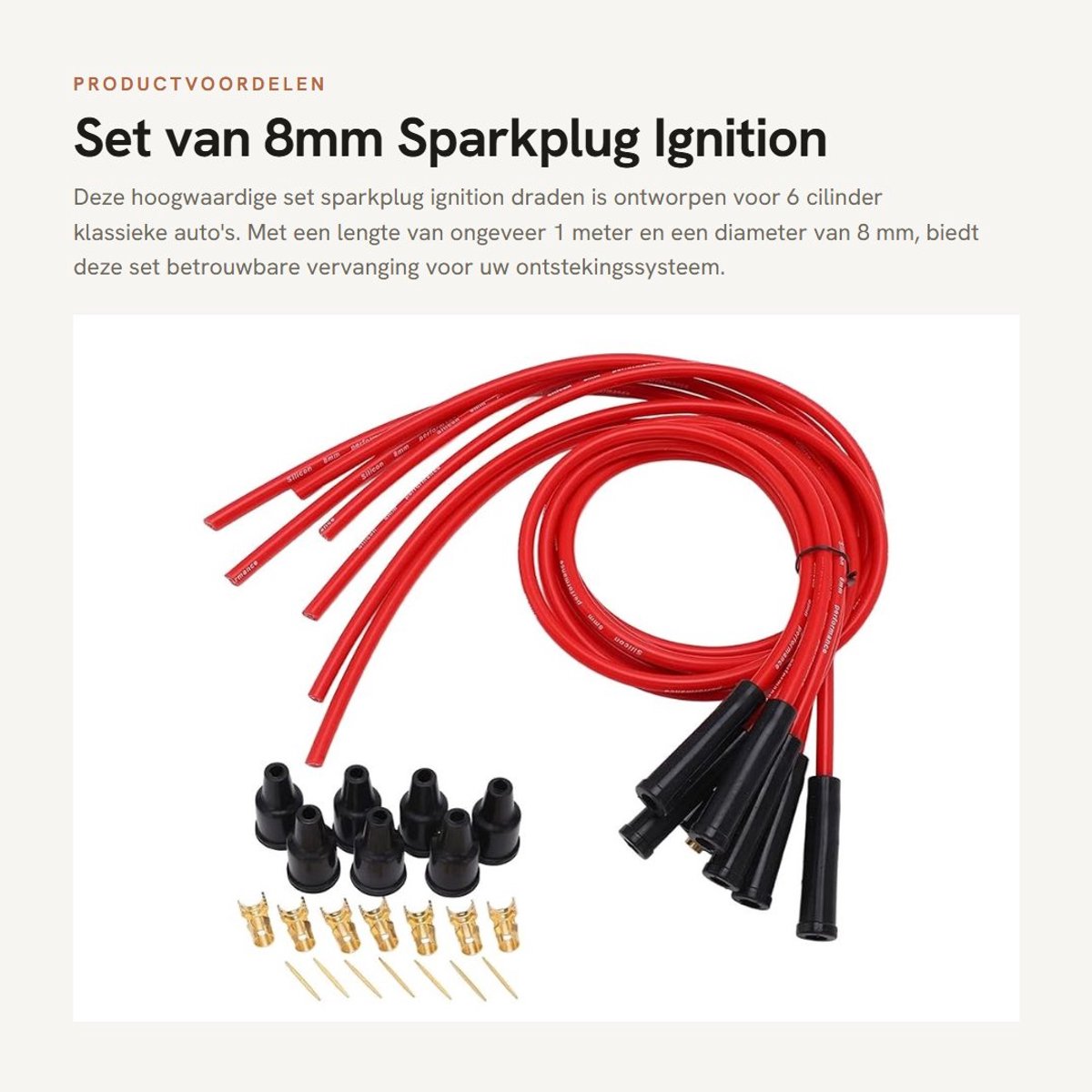 Dailygoods- Bougiekabels Set - 8mm Diameter - 1m Lengte - Vervanging voor 6 Cilinder Klassieke Auto's - Inclusief Connectoren - Rood - Ontstekingskabels