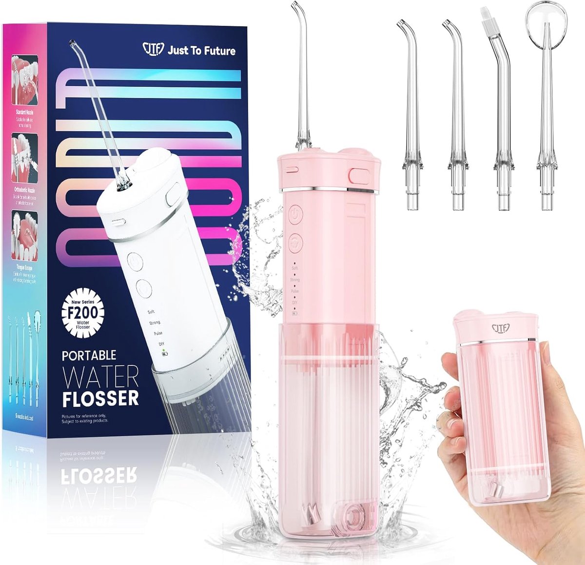 OLOEY JTF mini draagbare mondspoel-draadloos ontwerp-reisgebruik tandvleesreiniger-met 5 wisselbare sproeiers-4 modi waterdentalfloss-230 ml uitstrekbaar waterbak-roze