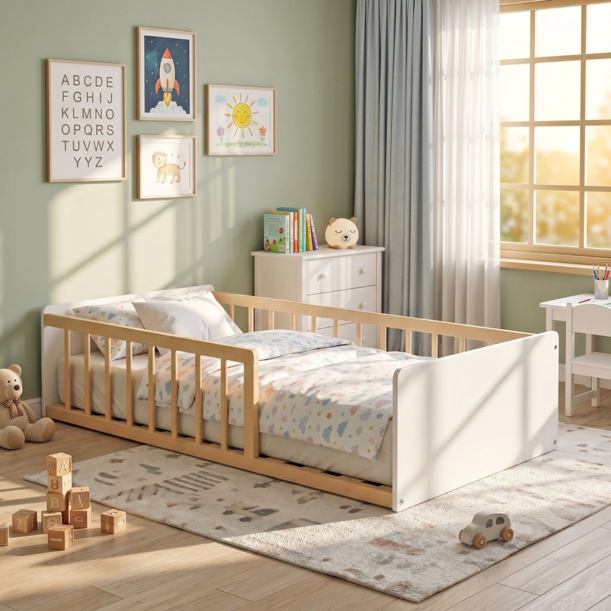 Bed 80x160 PILOU met lattenbodem / Wit en Naturel