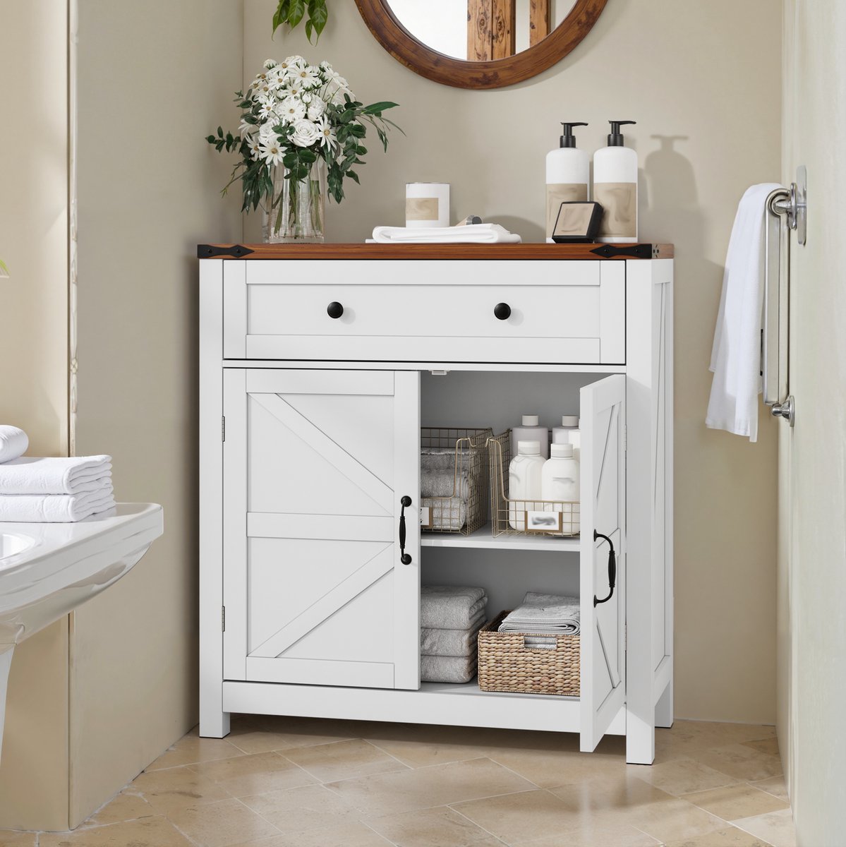 DESMIU Opbergkast - Landelijke Kast Met Lade En Verstelbare Plank - Voor Keuken Hal En Woonkamer - MDF - 76x30x83 Cm - Wit