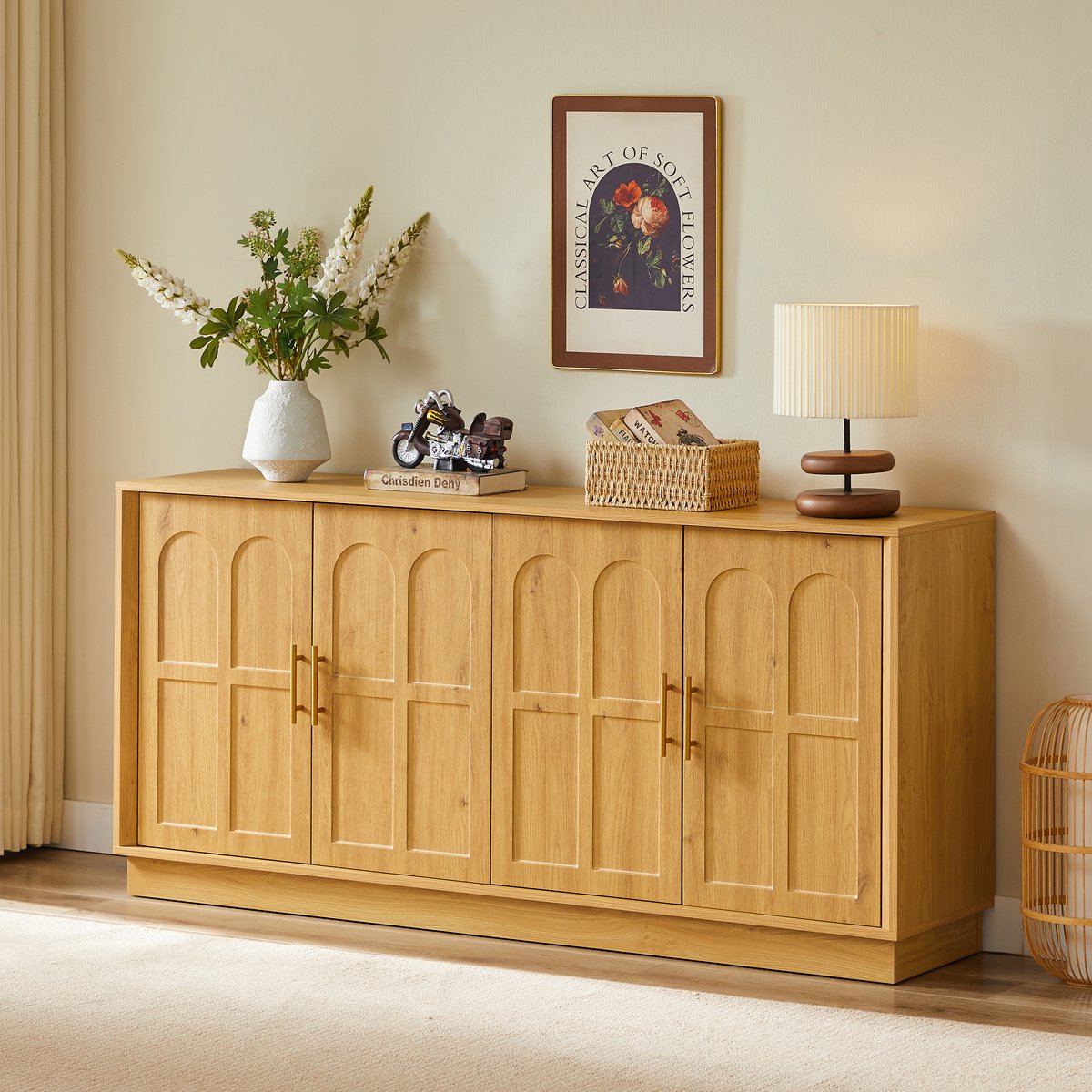 DESMIU Dressoir - Moderne Opbergkast Met Gebogen Front En Verstelbare Planken - Voor Woonkamer Keuken En Eetkamer - MDF - 169x40x80 Cm - Naturel Natuurlijk