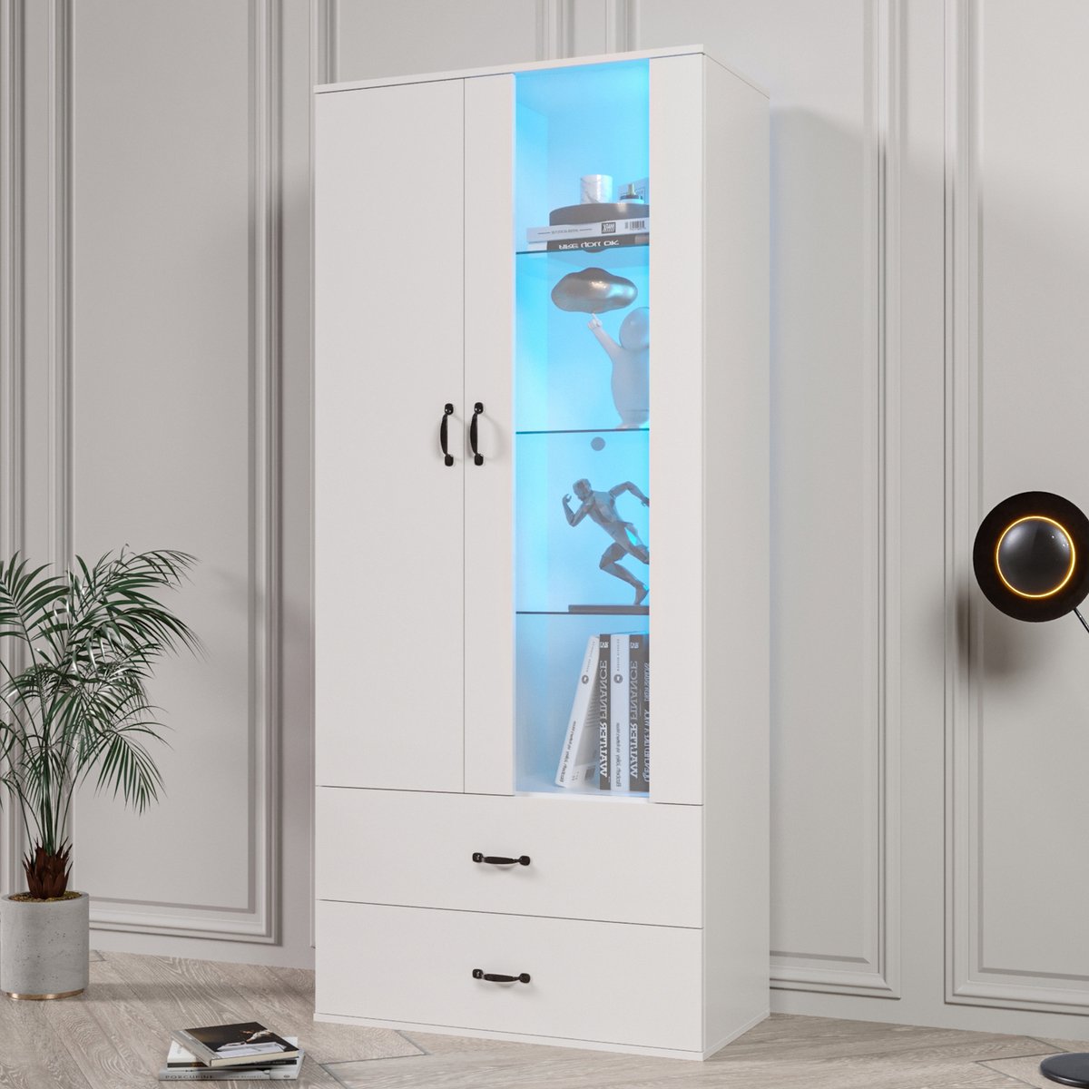DESMIU Vitrinekast - Met Ledverlichting En 2 Deuren - Met Laden En Opbergruimte Voor Woonkamer En Kantoor - Spaanplaat - 59,5x35x182 Cm - Wit